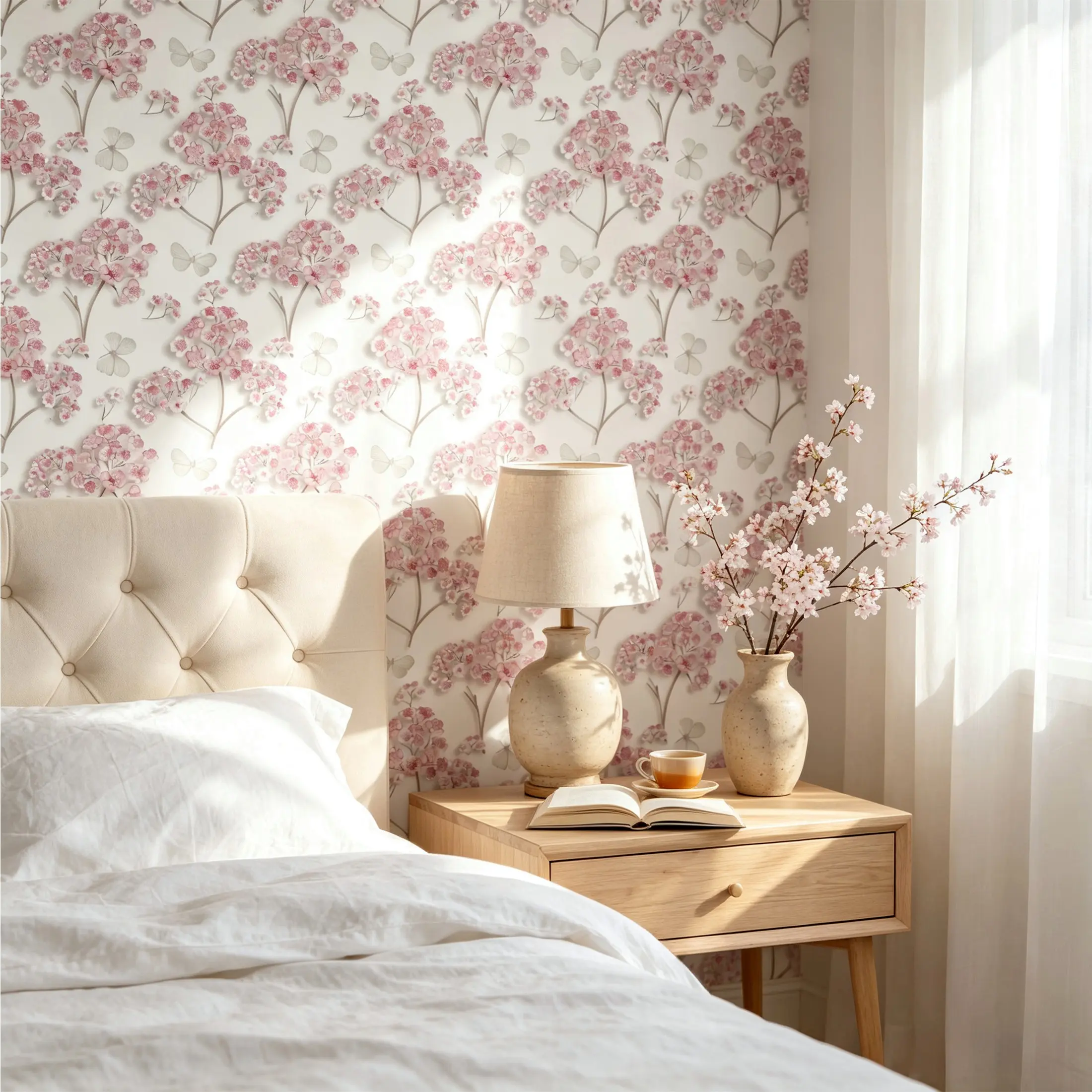 Cherry Blossom Self-Adhesive Wallpaper, Floral Peel and Stick Bedroom Wallpaper, Waterproof Removable PVC, Seamless Patchwork, DIY Home Decor, 44.5cm Wide, Waterproof Decorative Wallpaper