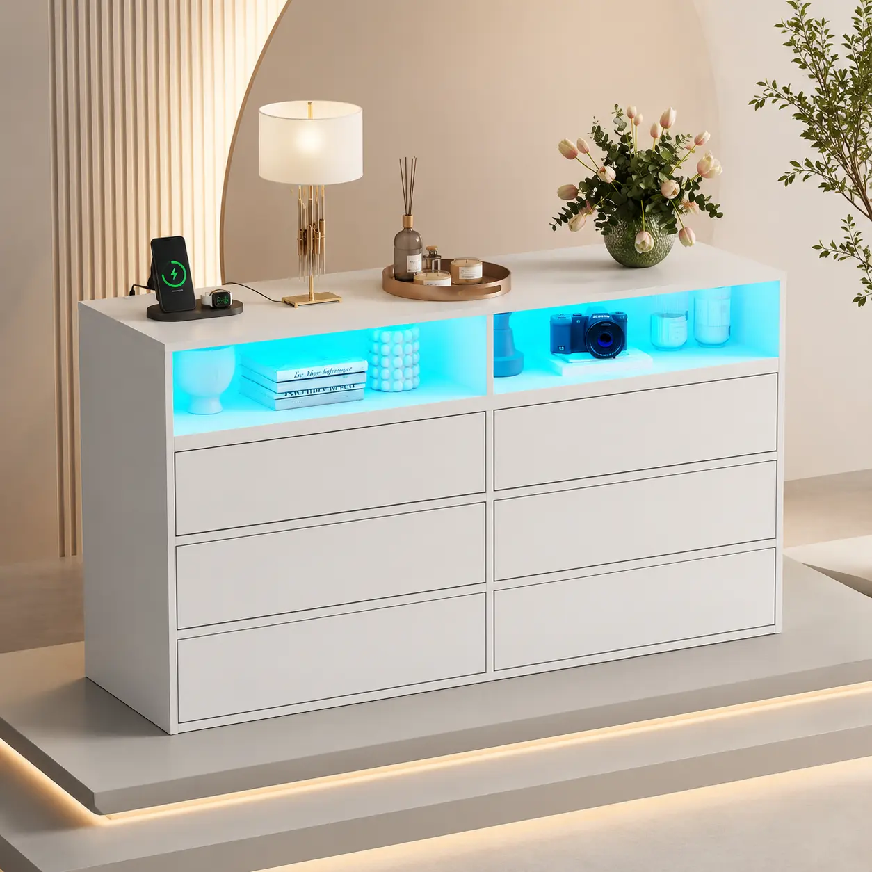 6-Drawer Modern White Storage Dresser with Full-Length LED Mirror, 48"x16" Indoor Cabinet for Bedroom, Living Room