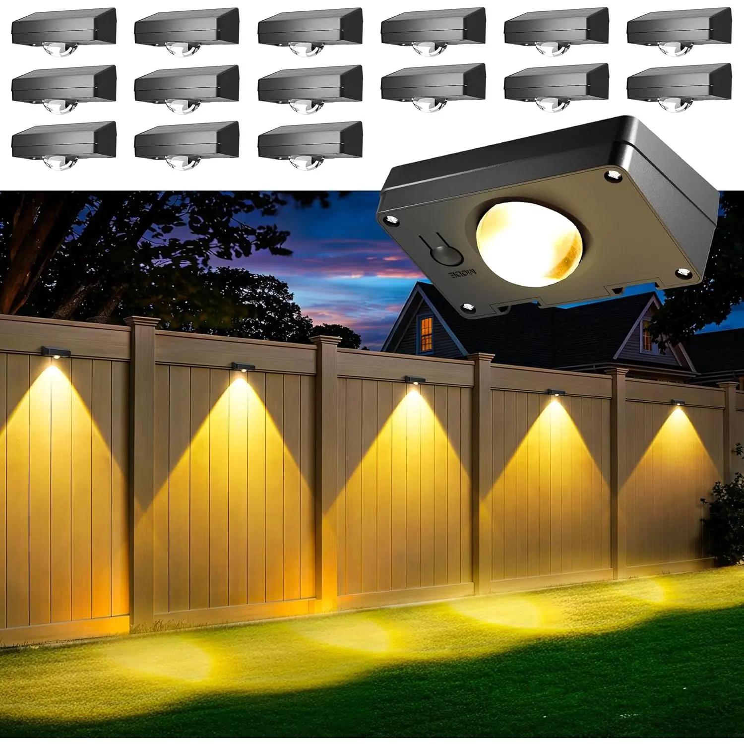 Solar Fence Lights Outdoor Waterproof 16 Pack, Solar Powered Fence Lights with 3 Lighting Modes, LED Lens Light for Wall, Backyard, Deck, Patio, Step, Stair, Porch, Pool Decor