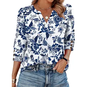 3/4 Length Sleeve Womens Tops with Button Cuffs Dressy Casual V Neck Summer Outfits Early Fall Fashion Spring Clothes