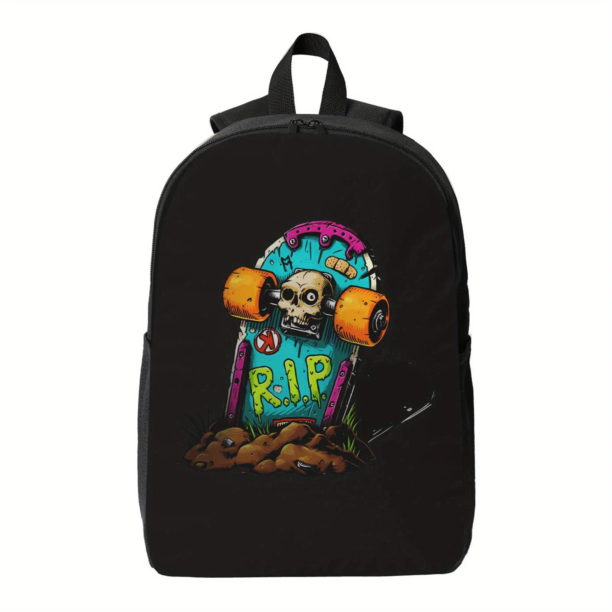Skull Skateboard Backpack - Stylish skull and skateboard graphic design, durable material, suitable for students, travel, and outdoor activities |   Safety zipper