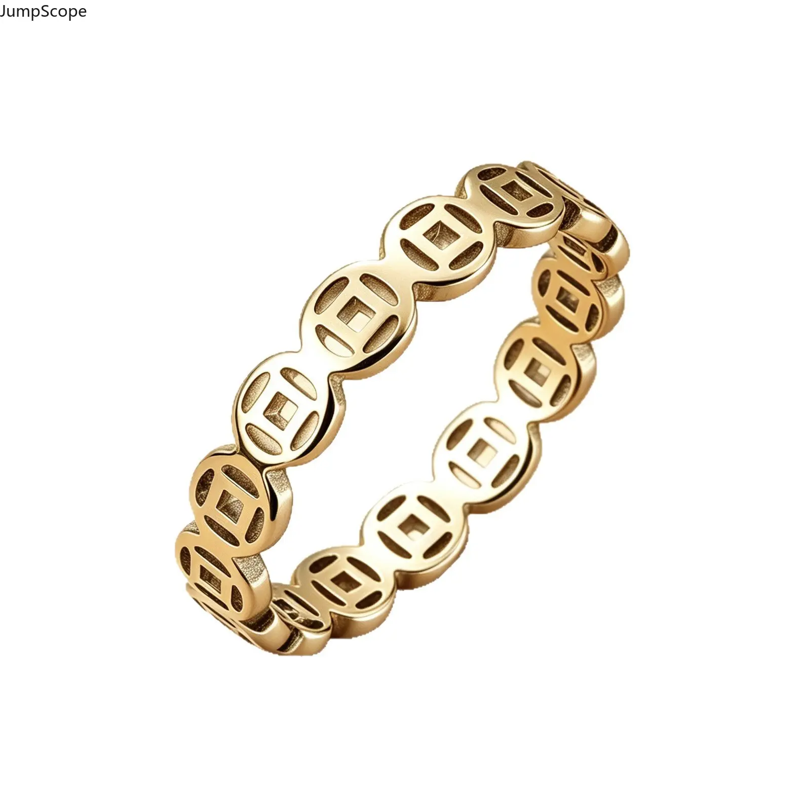 Endless Interlinked Hollow Chinese Coin Lucky Wealth Ring, High Mirror Polished Silver Plated Feng Shui Prosperity Thin Stack Band For Unisex Daily Business New Year Wear