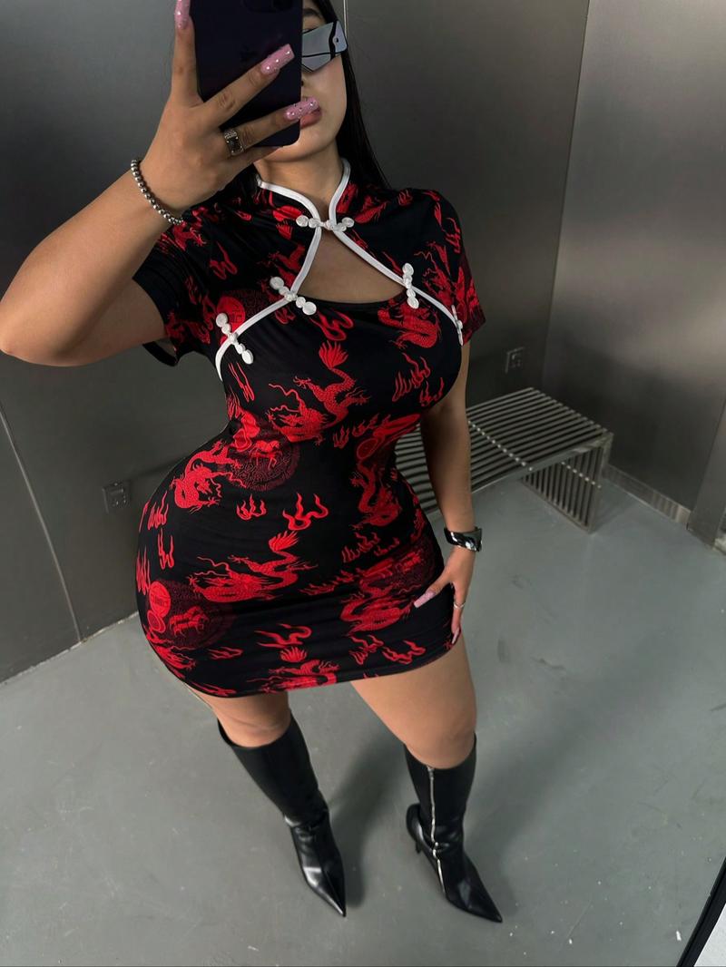 【plus Size】 Ethnic Pattern Mandarin Collar Bodycon Dress, Elegant Short Sleeve Short Dress for Party Holiday Wedding Guest, Women's Clothes for All Seasons, Formal Dress Hides Tummy, Shortsleeve Womenswear