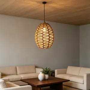 Olive-Shaped Handwoven Paper Rope Pendant Light Shade, Bohemian Wabi-Kusa Style Lattice Lampshade for Bedroom Dining Room Airbnb