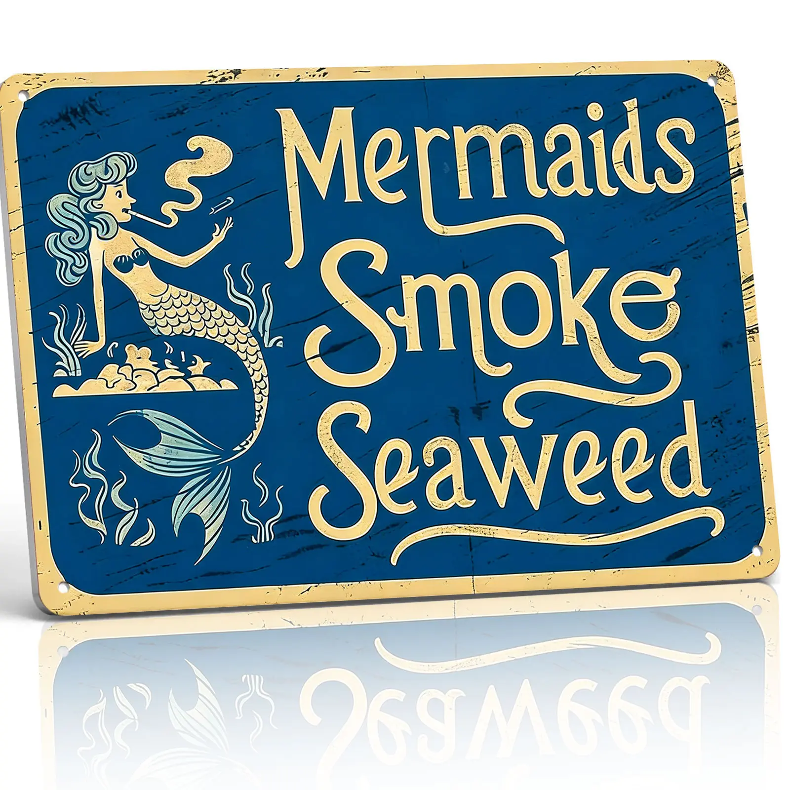 8x12 In Rectangle Vintage Mermaid & Seaweed Cartoon Metal Sign, Wall Mount Rustproof Aluminium Plaque, Retro Ocean Nautical Home Decor for Beach House Gift