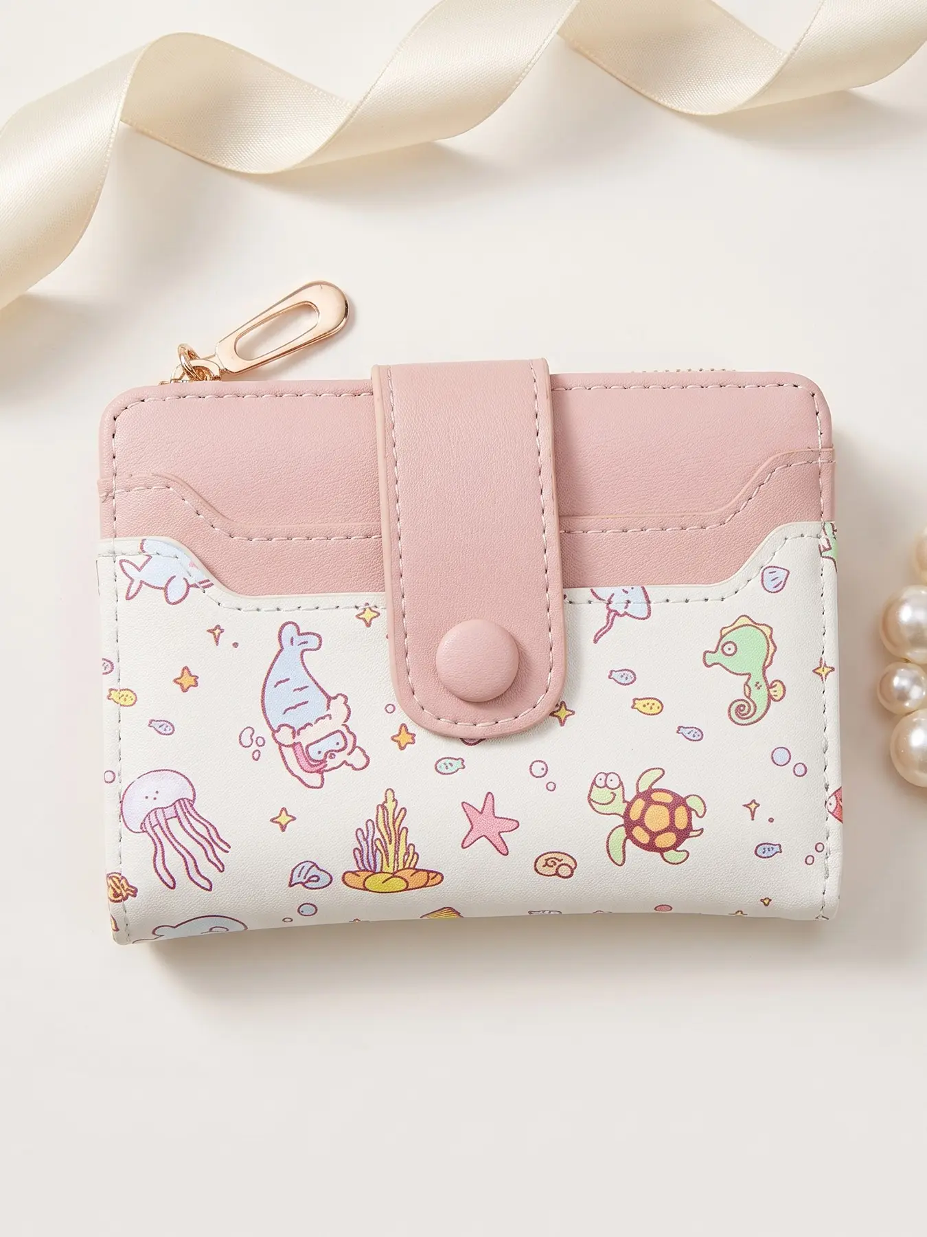 Cute Cartoon Print Short Wallet, Multi-Card Slot Coin ID Holder, Portable Mini Card Case, Colorblock Design, Girls' Accessory
