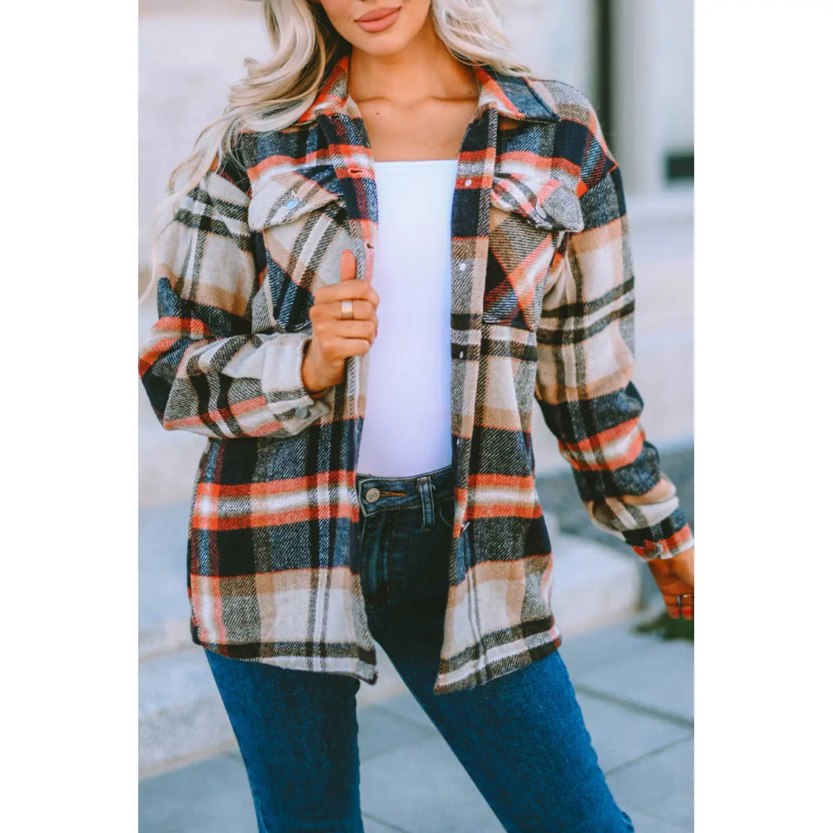 Khaki Geometric Plaid Print Pocketed Shacket