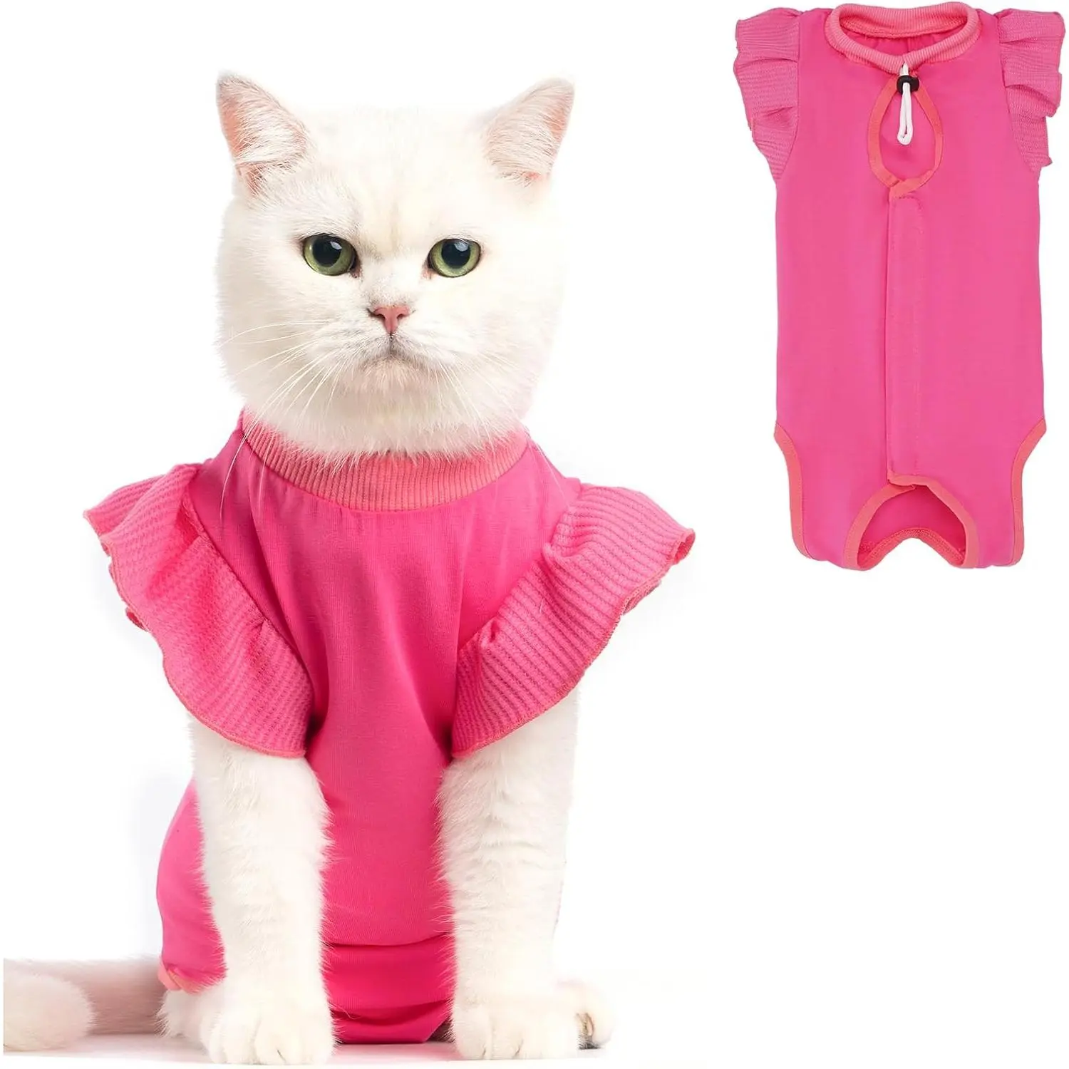 Stretchy Cotton-Spandex Cat Recovery Suit - Adjustable Drawstring Post-Surgery Onesie, Cone of Shame Alternative, Female Kitten Spay Protector, Healing/Skin Condition Use, Easy to Clean & Dry, Hook & Loop Fasteners, Ironable, Machine Wash (Magenta, M)