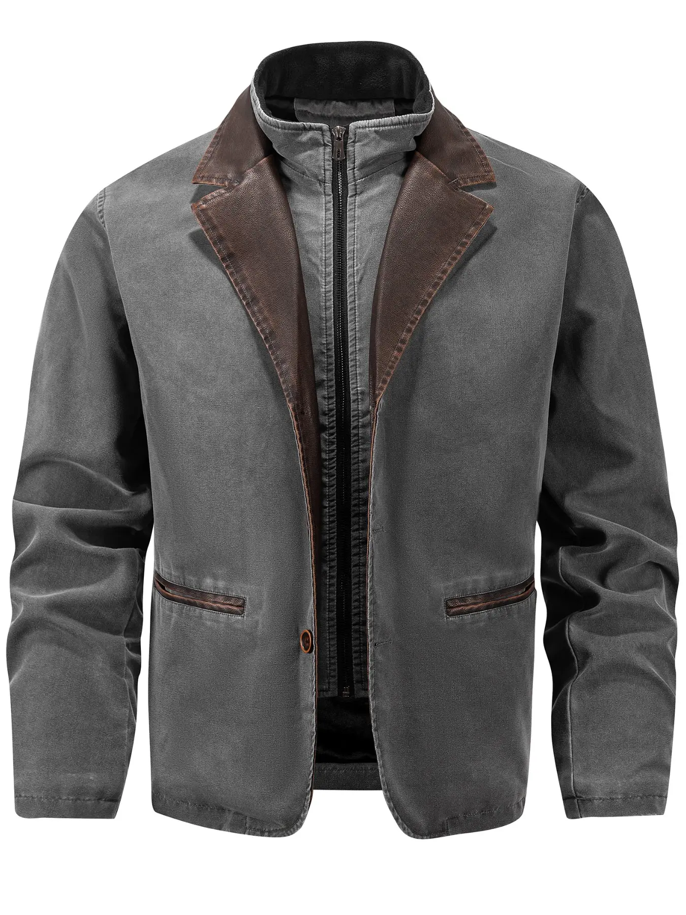Men's Fall Winter Jacket, Fleece Lined, Patchwork Colorblock, Washed Finish, Perfect for Daily Wear and Outdoor Activities