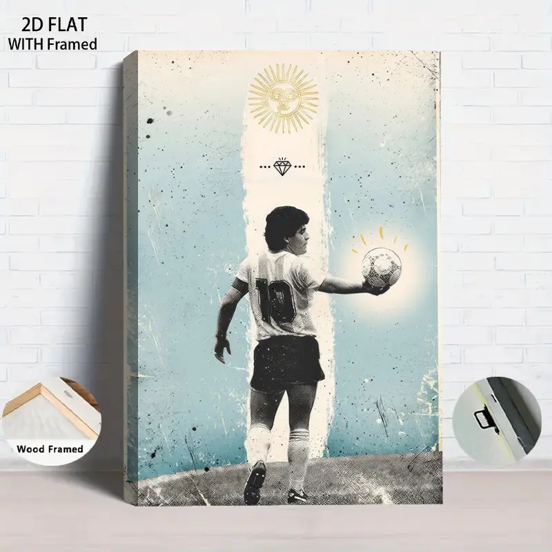 1PCS With Framed Diego Maradona Legendary Football Canvas Wall Art with Wooden Frame - Vintage Style Sports Decor for Living Room, Office & Fan Collection, High-Definition Print of Argentina Socce