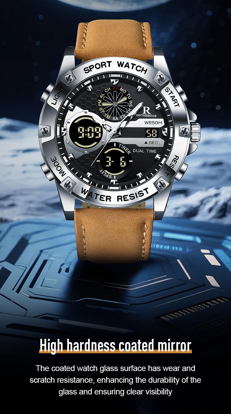 Men's Military Sport Digital Analog Quartz Watch - 50M Waterproof Wristwatch with LED Backlight, Dual Time, Alarm, Stopwatch, Tactical Outdoor Watch for Men, Brown Leather Strap, Perfect Gift for Him