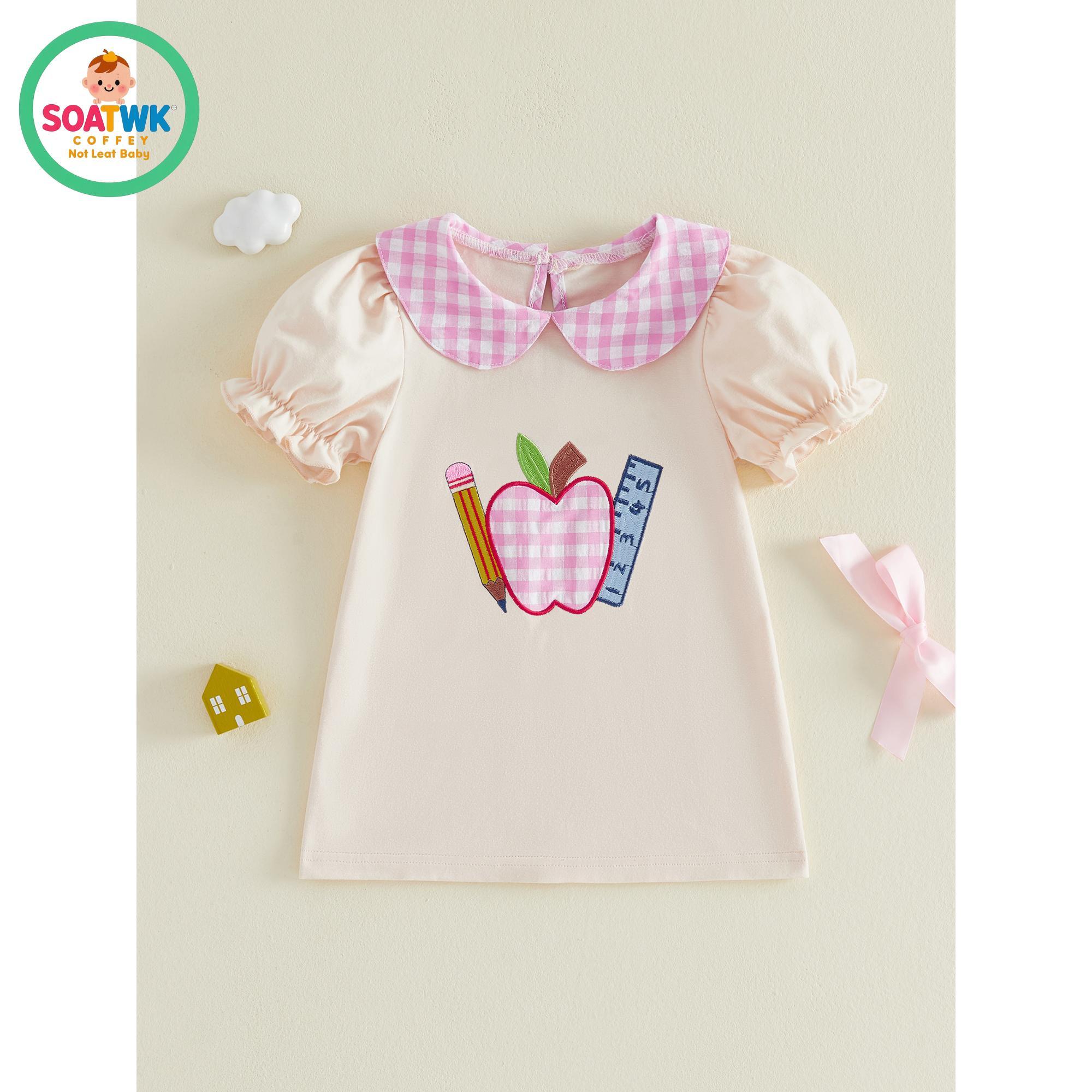 Little Girls Back to School Dress Summer Short Sleeve Plaid Doll Collar Apple Ruler Embroidered Dress