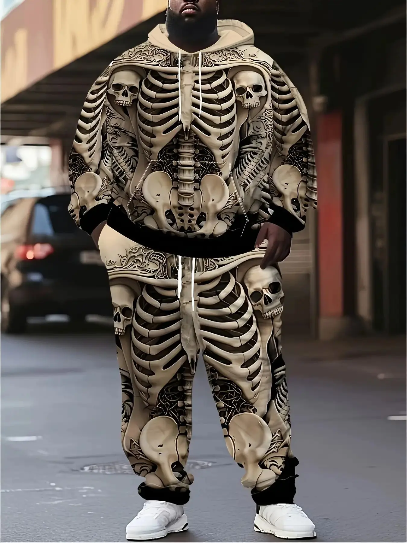 American Dark Skeleton Tattoo Print Plus Size Sweatshirt and Pants Set, Casual Loose-Fitting Long Sleeve Fall Winter