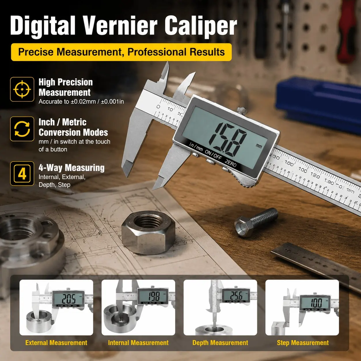 One-piece digital caliper, 0-150mm/6 inch, ABS plastic LCD digital vernier caliper, high-precision measuring ruler, suitable for home DIY crafts, industrial repair and testing, internal and external dimension depth measurement tools.