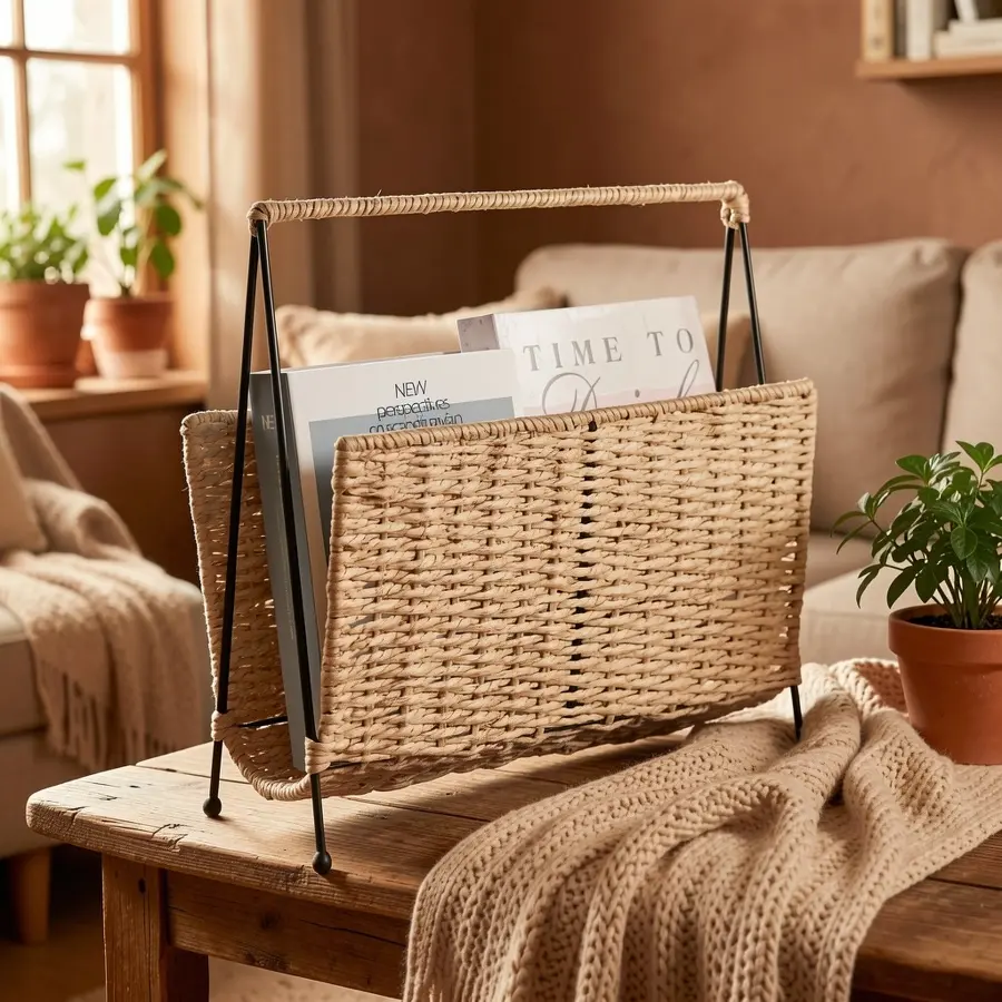 Hand-woven paper rope storage basket for magazines and books—Japanese-style pastoral woven basket suitable for homestay decor, book/magazine/newspaper rack.