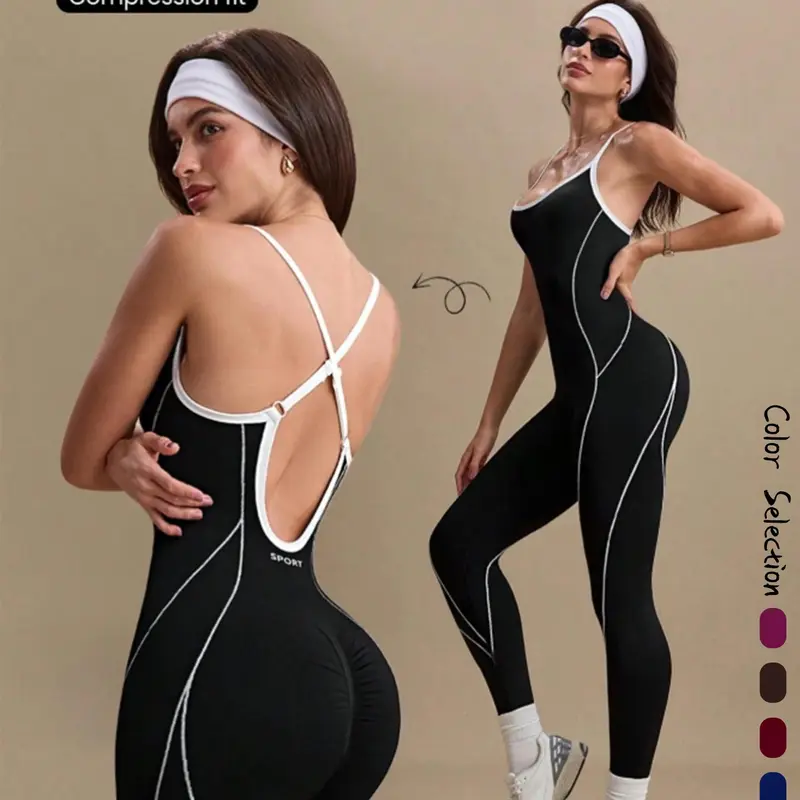 Women's Yoga Jumpsuit, Backless Sports Jumpsuit, Sporty Outdoor One-Piece, Seamless Knitted Cut-Out Design, Above-the-Ankle Length, All Seasons, Tight Fitting Jumpsuit, Yoga Workout Jumpsuits