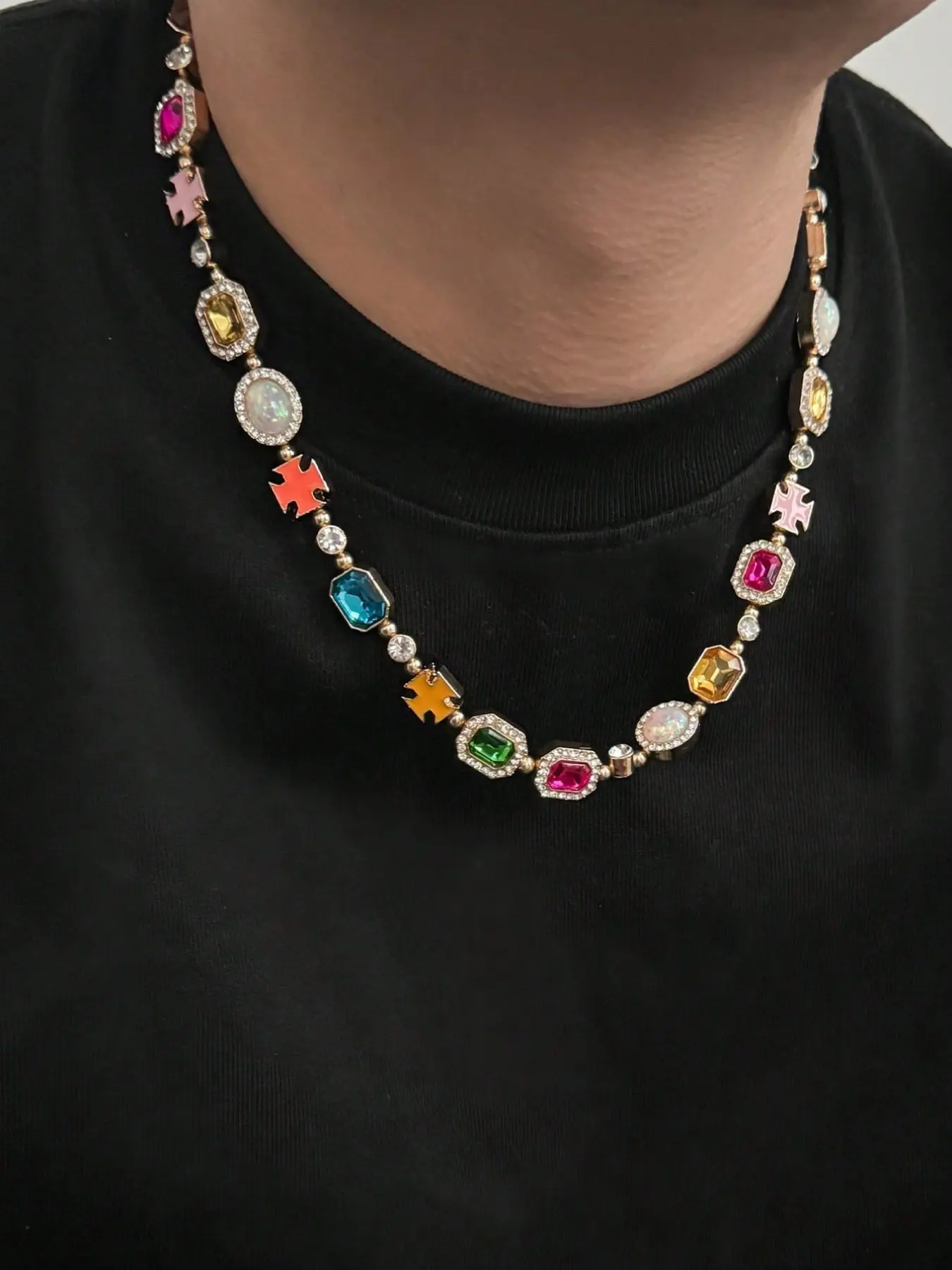 Men's Hip Hop Puzzle Necklace, Cubic Zirconia Inlay, European Oil Drop Design, Simple Collarbone Chain, Daily Wear and Party Gift, Casual Trendy Jewelry