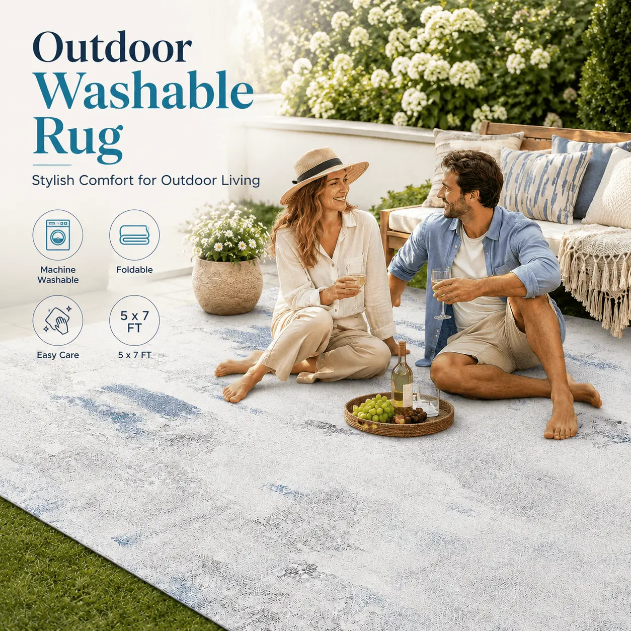 ORHOPUI 5x7 ft Outdoor Washable Easy-Care Decorative Textile - Blue Abstract Design for Patio Garden, Outdoor Events, RV Household Soft Furnishings