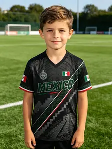 2026boy’s Mexico Heritage V-Neck Graphic Tee, Breathable Mesh Short Sleeve Shirt, & Casual Summer Top, Sporty Fitted Style