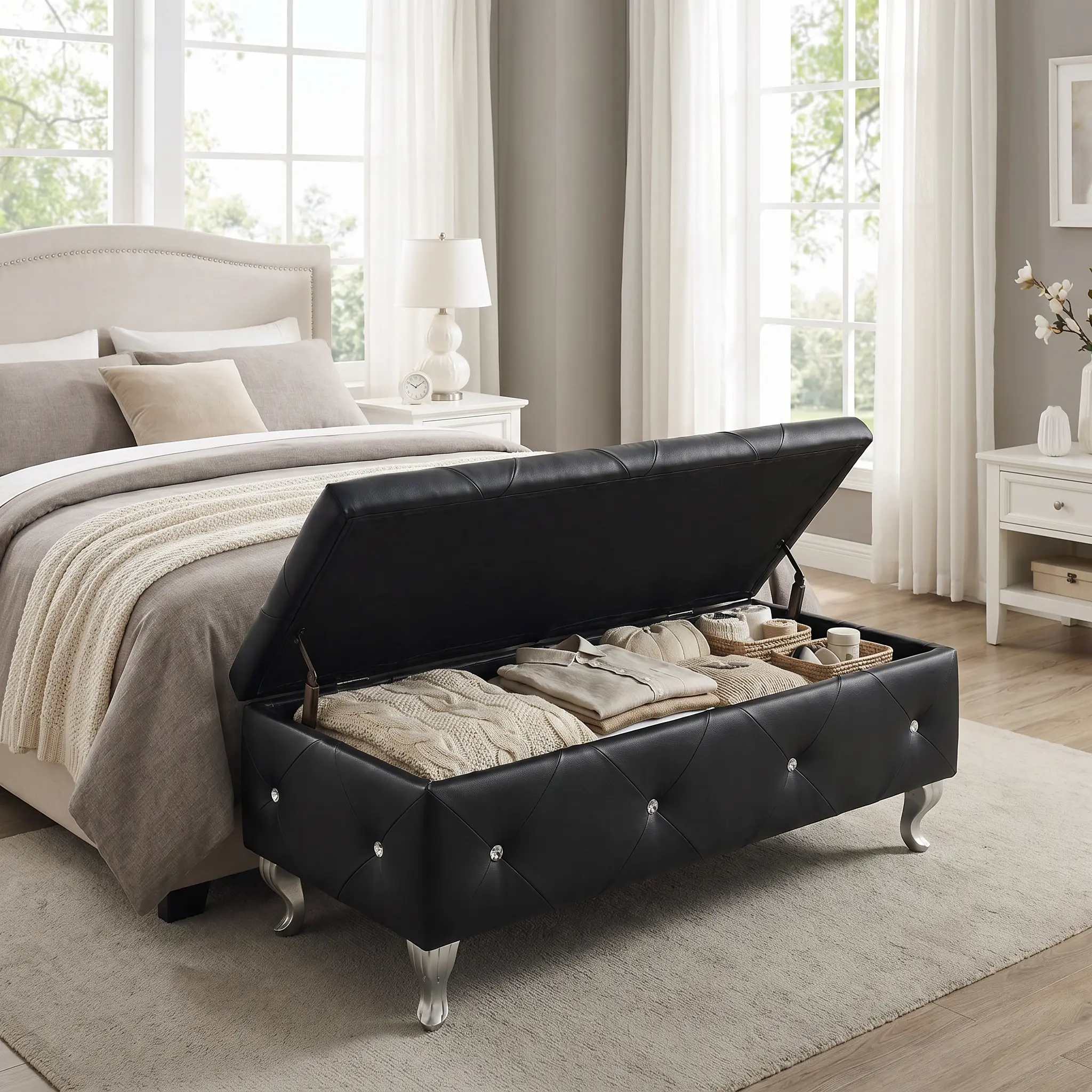 Onyx Black Tufted Leather Storage Ottoman Bench - Single Seat with Hidden Storage, Crystal Buttons, Silver Legs for Bedroom Entryway Living Room Footrest, Tufted Look