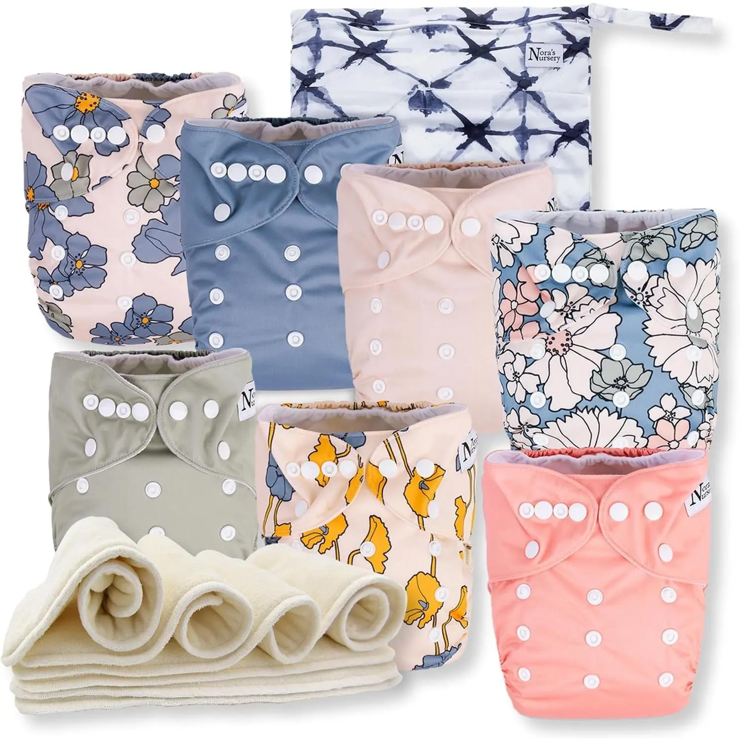 Cloth Diapers 7 Pack with 7 Inserts & 1 Wet Bag - Waterproof Cover, Washable, Reusable & One Size Adjustable Pocket Diapers for Newborns and Toddlers - Delilah