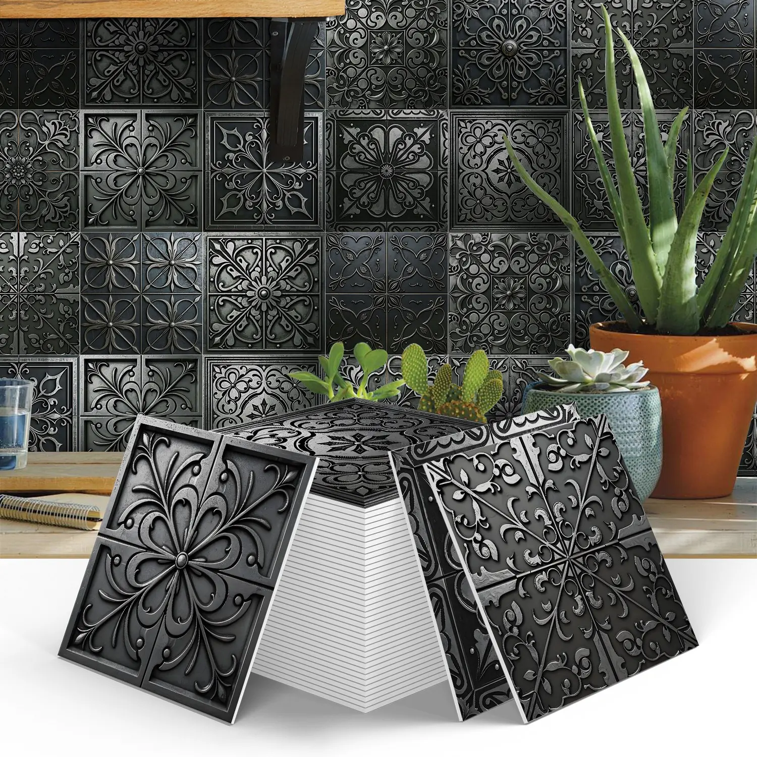 12PCS/24PCS ART PE Crystal Tile Stickers Gift Box, Black 3D Embossed Floral Tiles. Peel and stick backsplash, DIY waterproof oilproof, ideal for kitchen, bathroom, floors, tiles & wood surfaces home decoration.