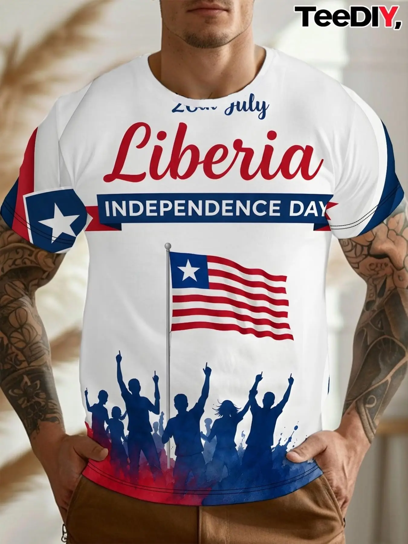 Liberia Independence Day Art Men's Casual Classic Streetwear Print Short Sleeve T-Shirt, Round Neck, Breathable, Summer Beach, Vacation, Daily Wear