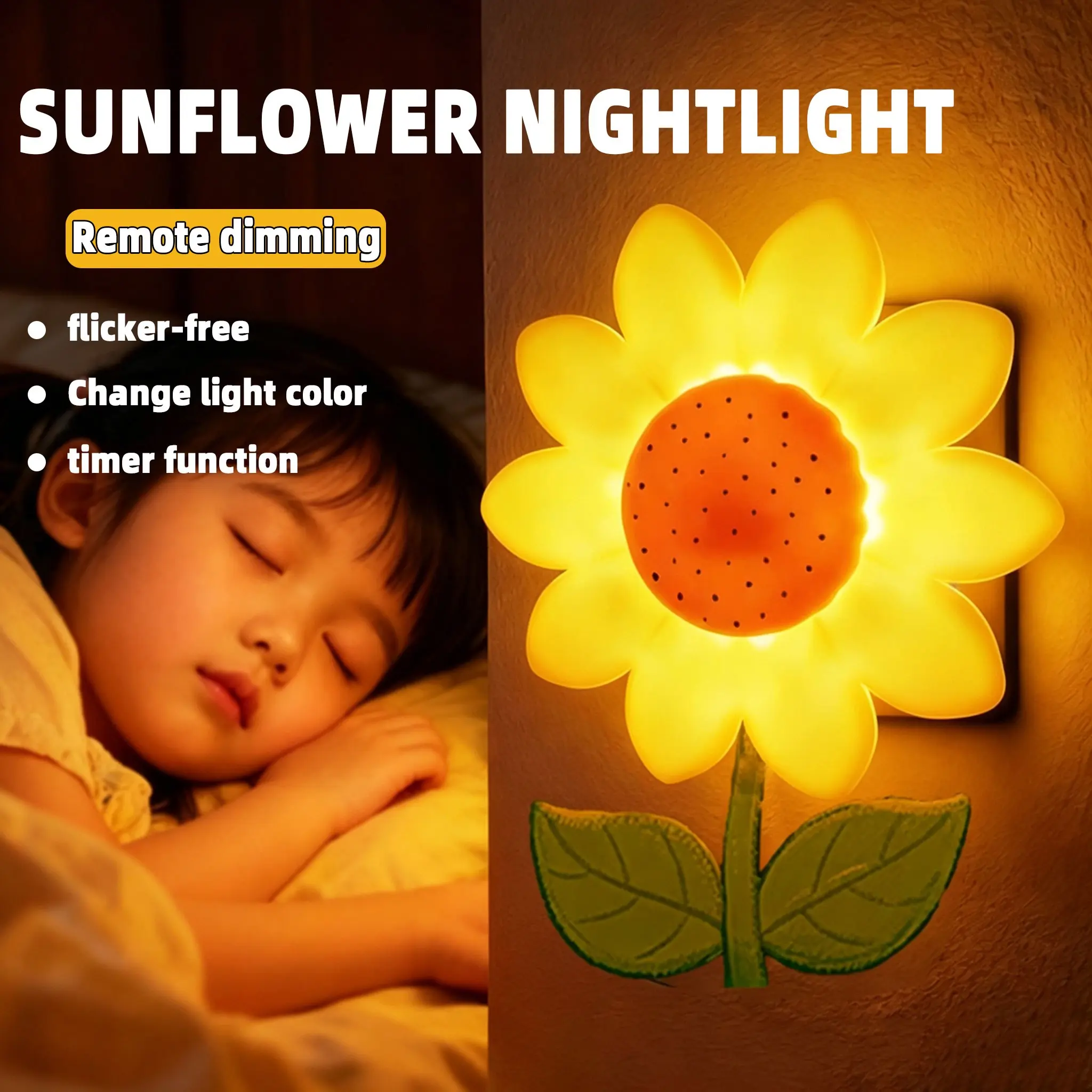 Sunflower Remote Control Night Light, Bedroom Kids Room Companion Lamp, 3-Tone Dimmable, Creative Decor Atmosphere, Timer, Us Plug, Suitable for Bedroom, Study, Kids Room, Desk