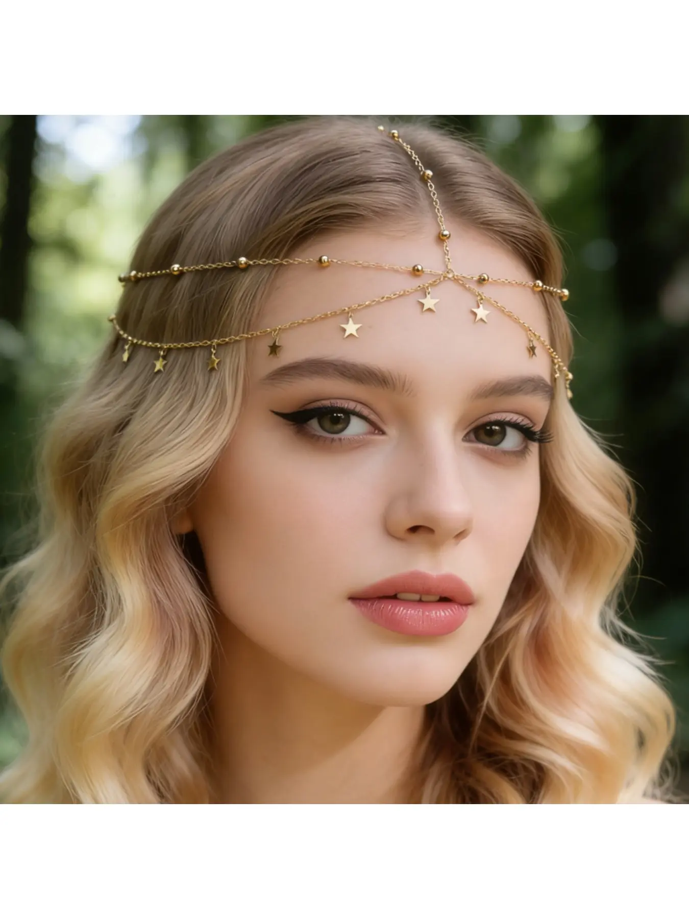Bohemian gold star tassel hair accessory, exotic bridal wedding headpiece multi-layer forehead chain hair chain