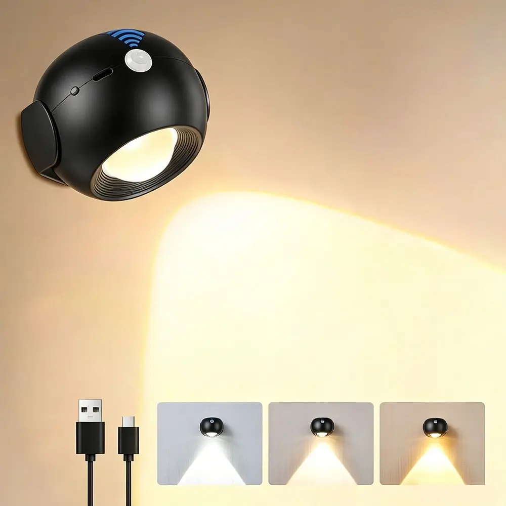 1PC Motion Sensor Wall Light，350° Rotatable Brightness Adjustable Wireless Wall Light, 3 Color Modes Rechargeable Battery Operated Wall Lights for Bedroom, Hallway, Stairs, Closet, Bathroom