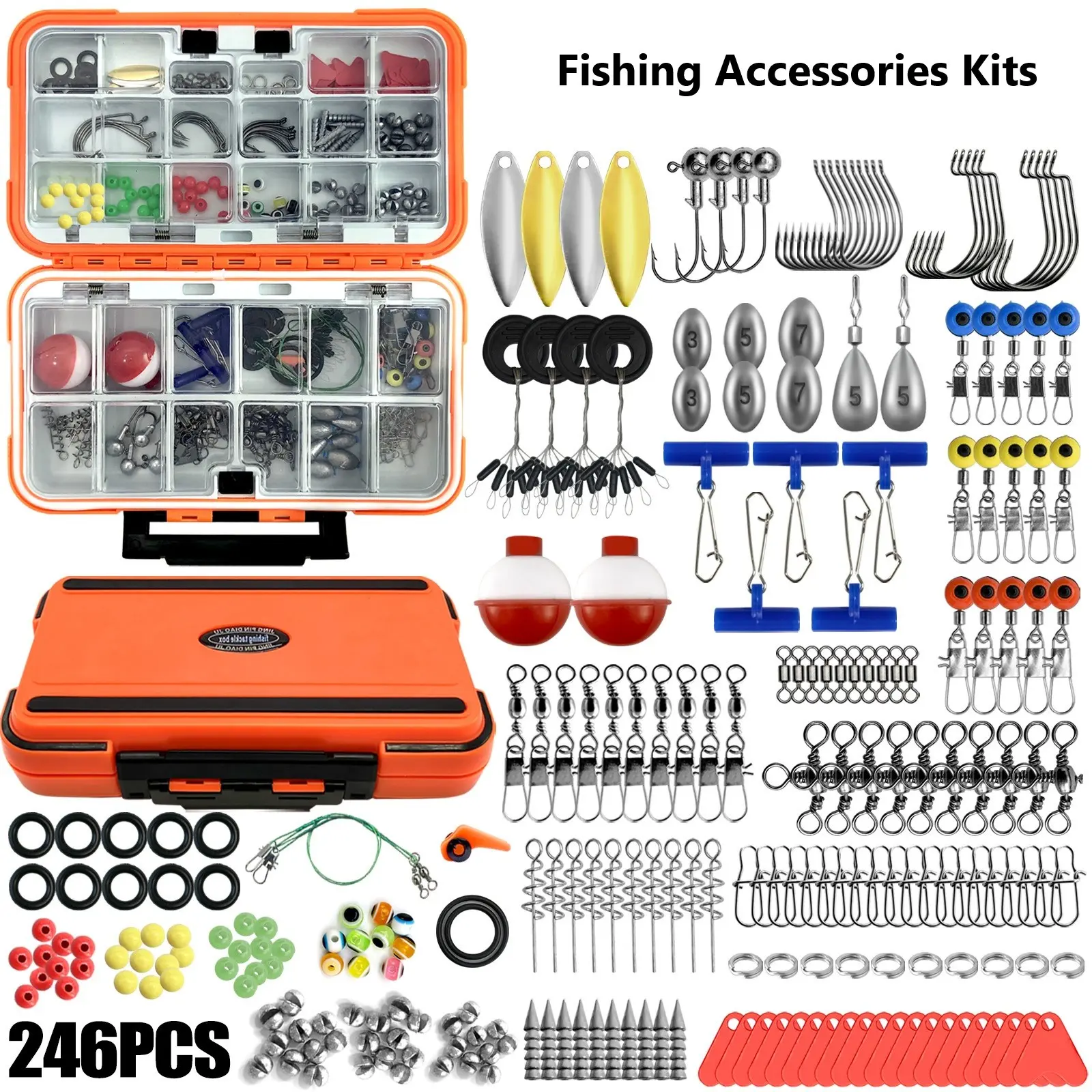 Fishing Accessories Kit, Organized Tackle Box with Hooks, Weights, Swivels, Beads, Gear Set for Bass Trout, Essential Fishing Equipment