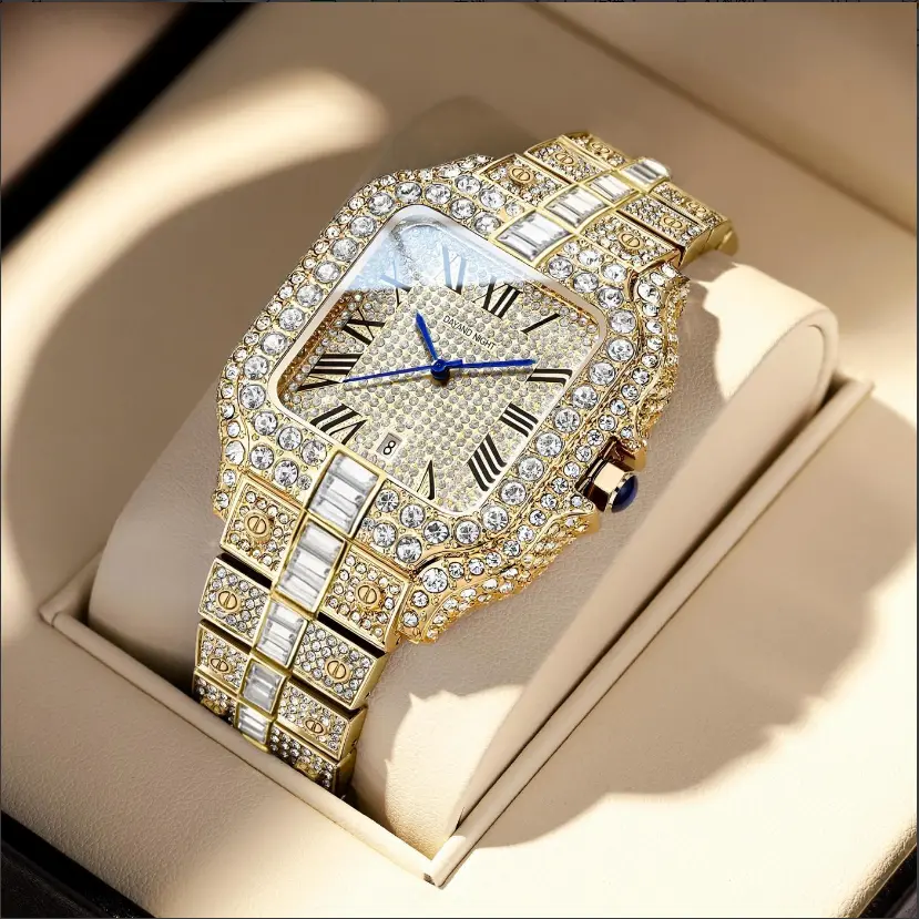 Vintage Fully Iced Gold Luxury Square Quartz Stopwatch - Unisex Collectibles, Durable Stainless Steel Link Bracelet with Rhinestones, Water-Resistant Sports & Outdoor Accessory, Premium Birthday Holiday Gift
