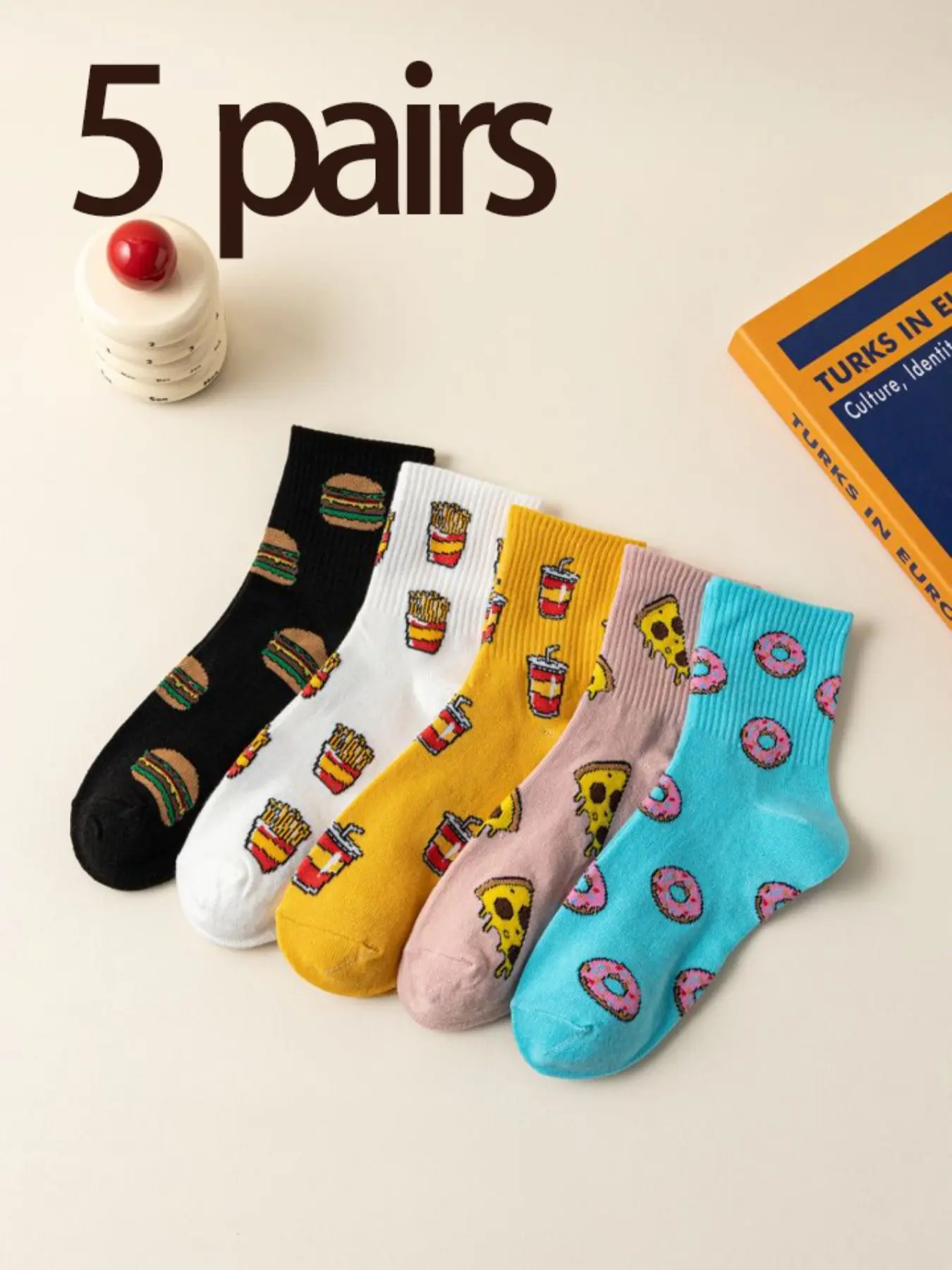 5/6/7 Pairs Fashionable Food Pattern Socks, Comfortable and Breathable Crew Socks, Women's Multicolor Ankle Socks, Fun and Cute Design
