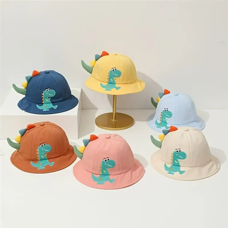Children's Summer Wide-Brim Hat in 4 Colors - Adjustable with Windproof Cord, Cute 3D Dinosaur Hat, Fisherman Hat for Children Aged 0-3, Spring/Summer Boys' Hat, Adorable and Super Cute Girls' Hat, Suitable for Outdoor
