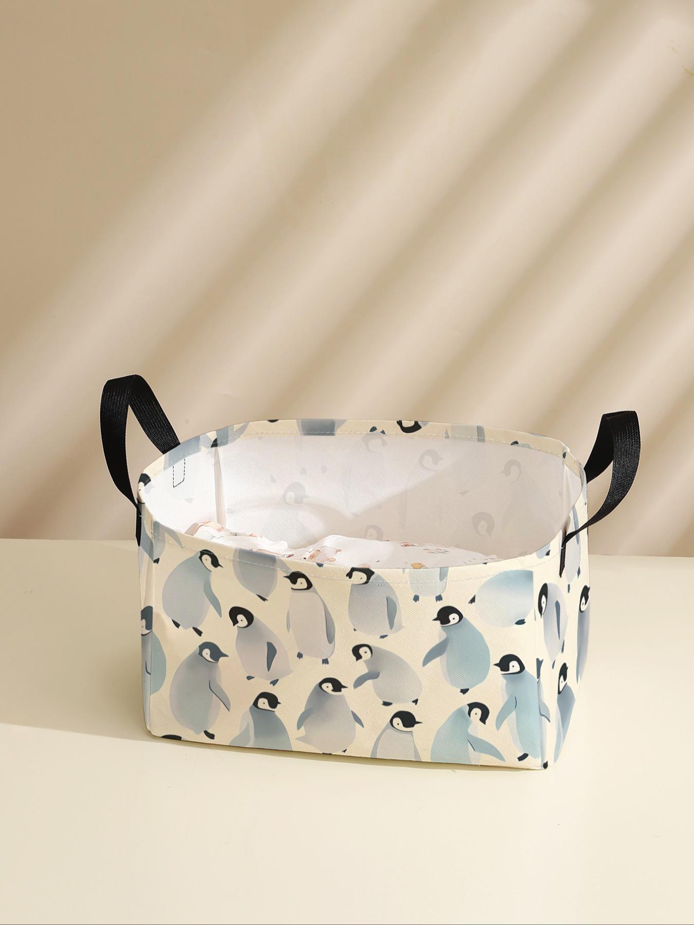 Penguin Pattern Printed Open Storage Box, Multi-functional Storage Basket with Handle, Foldable Clothing Storage Box, Clothes Baskets, Home Essentials