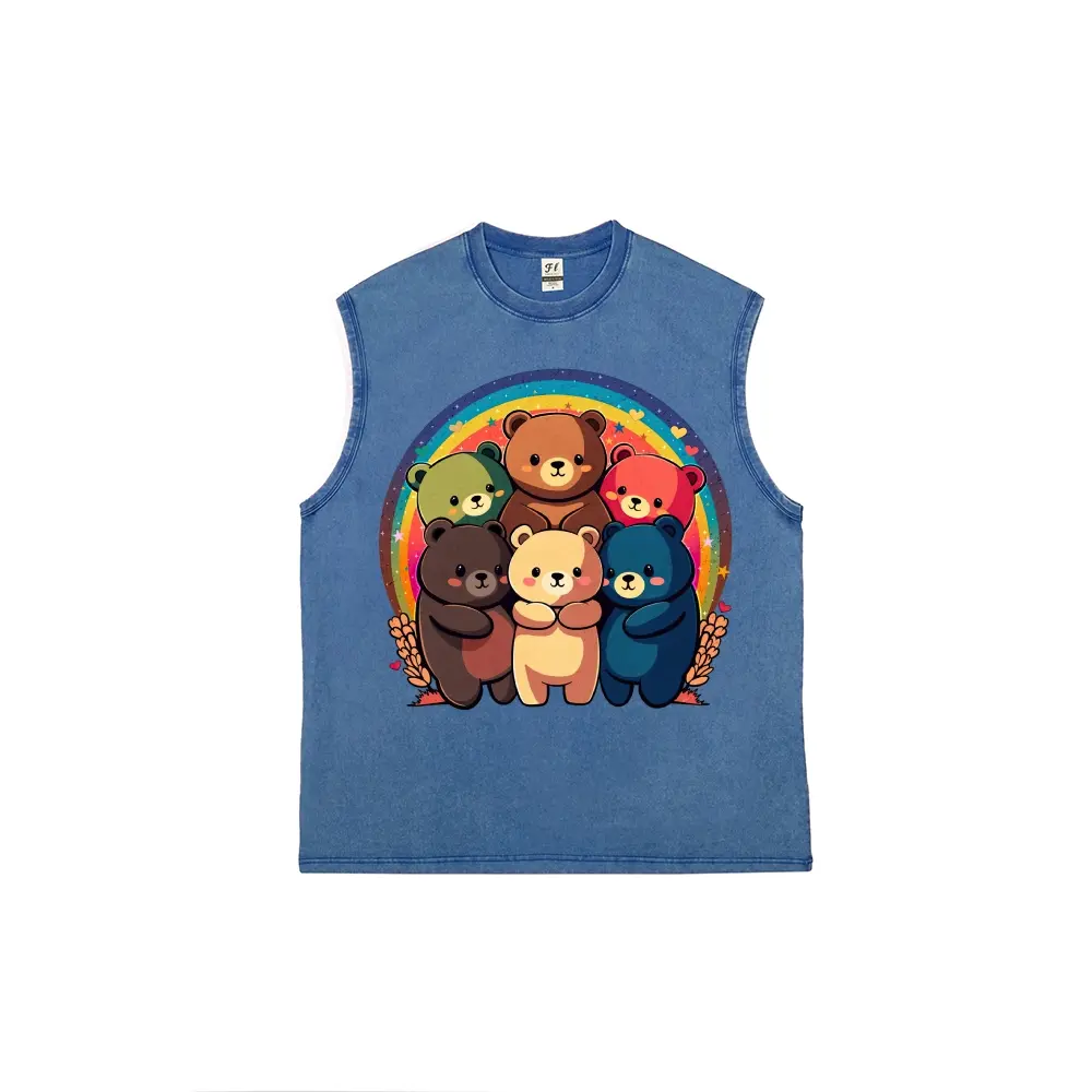 Unisex Cartoon Bear Print Sleeveless Tank Top | Playful Graphic Animal Muscle Vest | Vintage Washed Cotton Summer Top
