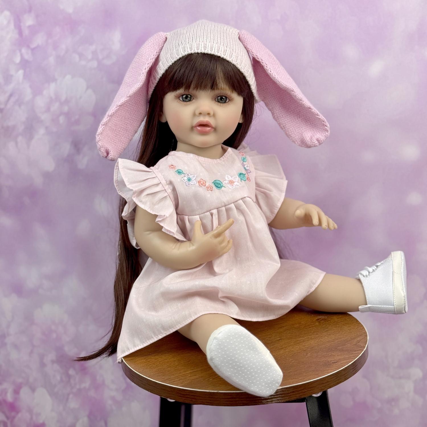 TopLink 55 CM Full Vinyl Body Reborn Baby Doll Toy For Girl Black Long Hair Princess Toddler Babies Doll Lifelike Birthday Gift Play House Bath Toy
