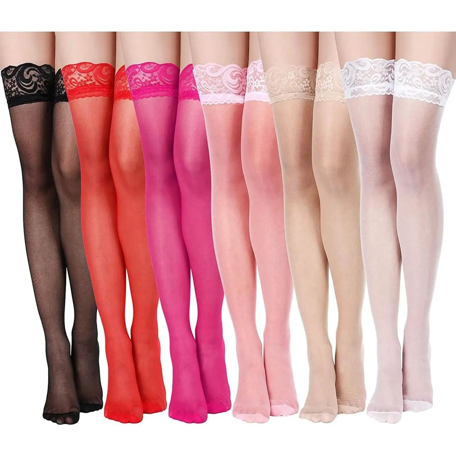 Women's 6-Pair High-Stretch Durable Thigh-High Full Length Stockings, Black Over-Knee Socks with Decorative Wide Lace Top, Lingerie Accessory, Hand Wash Only