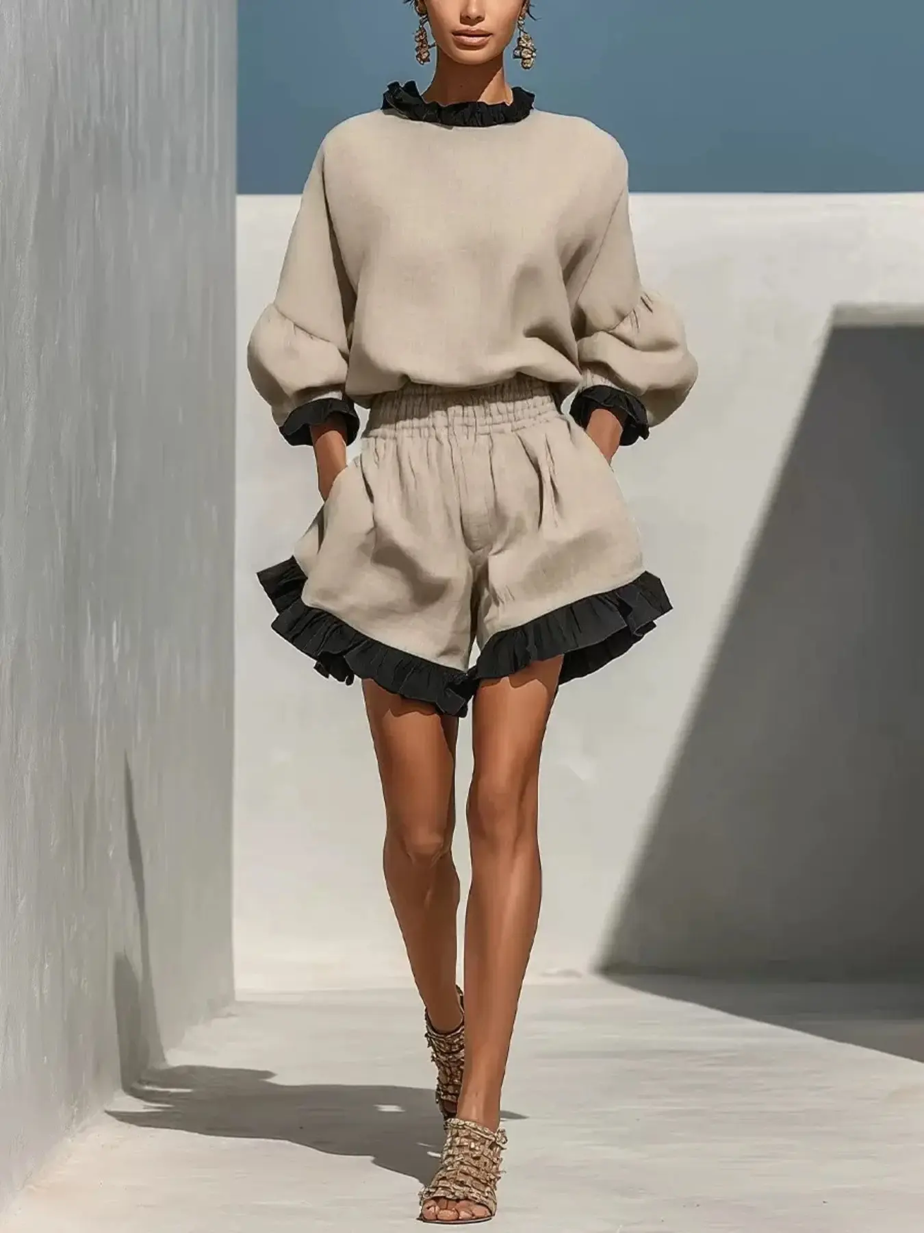 2026 Autumn Two-Piece Set, Ruffle Long Sleeves, High-Waisted Wide-Leg Shorts, Ruffled Hem, Designer, Casual Fashionable Women's Clothing