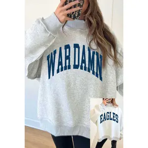 Light Grey WAR DAMN/ EAGLES Double Side Print High Neck Baggy Sweatshirt