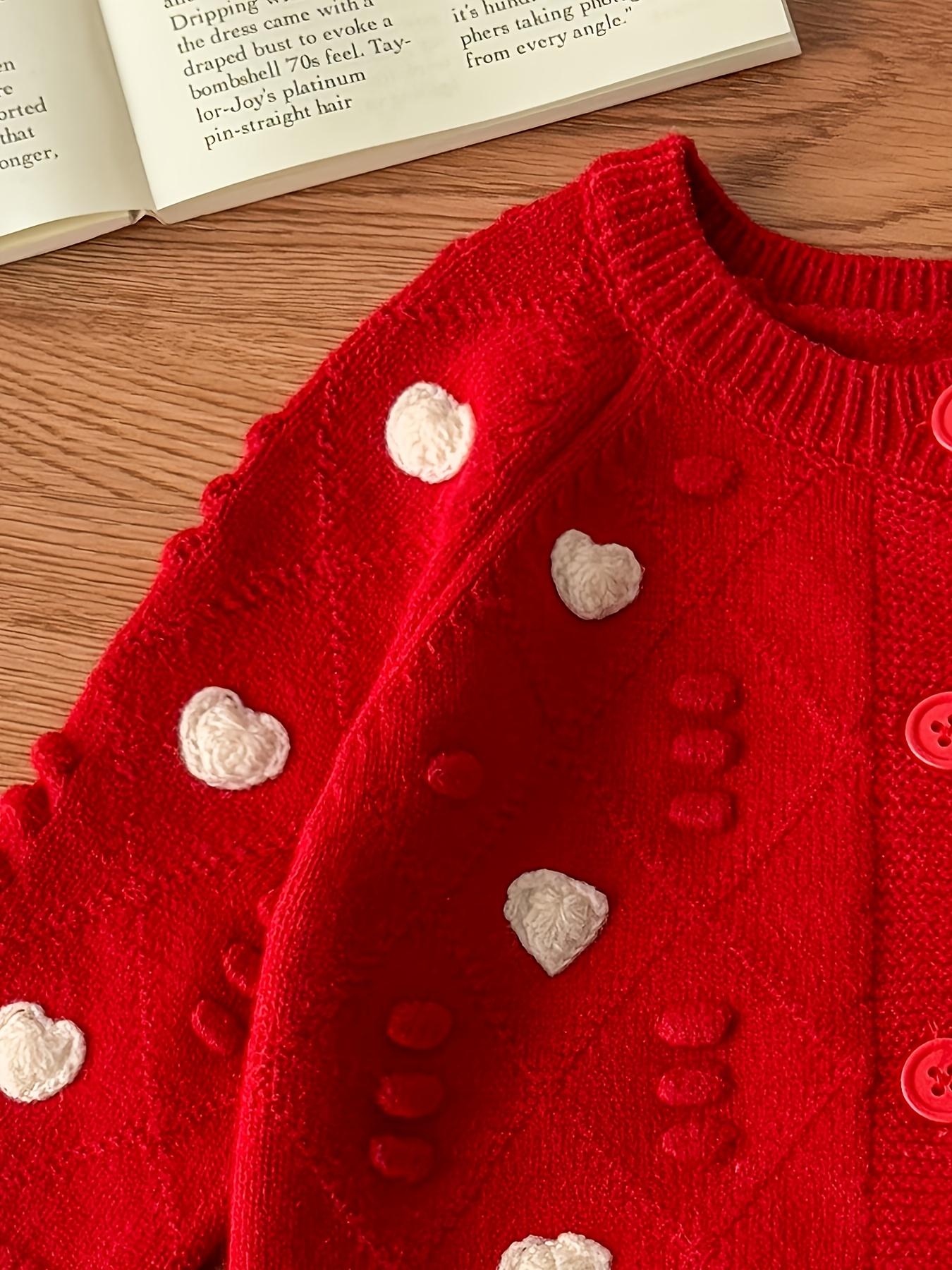 Girls' Red Knit Cardigan with Heart Pattern - Long Sleeve, Button-Up, Round Neck, Stretchy Fabric, Perfect for Fall/Winter, Halloween & Casual Wear, Halloween Cardigan |           Playful Design |           Knit Construction, Halloween Clothes, Girl Cardi
