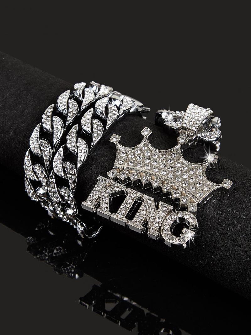 14K Gold Plated King & Crown Pendant with Austrian Rhinestones Miami Cuban Link Chain Italy & Micro Inspired Unisex Hip Hop Necklace for Men & Women Jewelry,Daily Wear, Casual Fashion, Sporty Style, Gift Idea