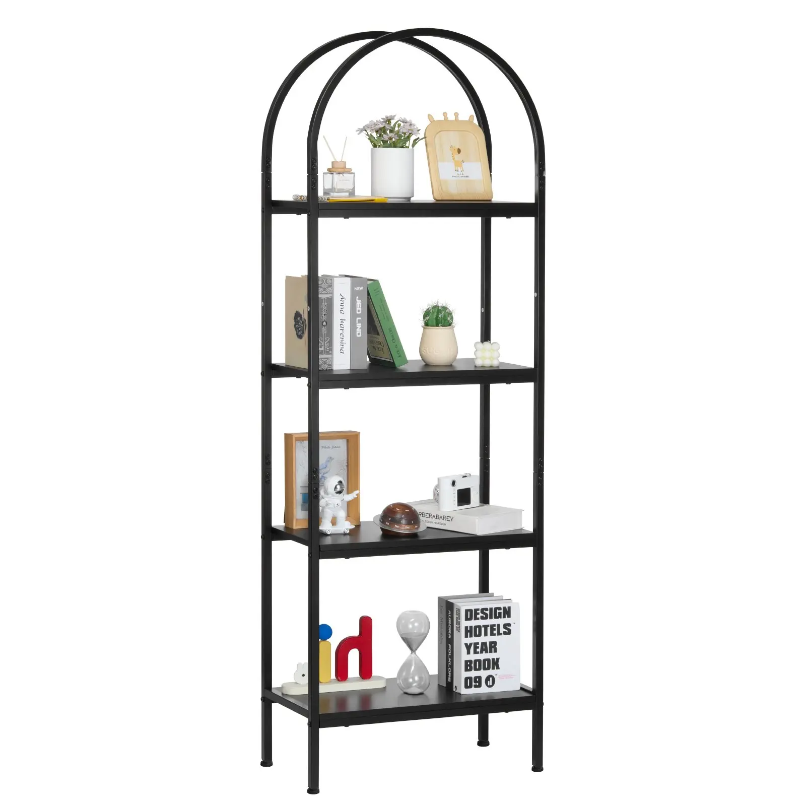 【Summerfinds】VEVOR Open Bookshelf, 4-Tier, Arched Bookcase Storage Shelves with Metal Frame, Industrial Metal Book Organizer, Freestanding Display Rack Tall Shelving Unit, for Office, Bedroom, Living Room, Black