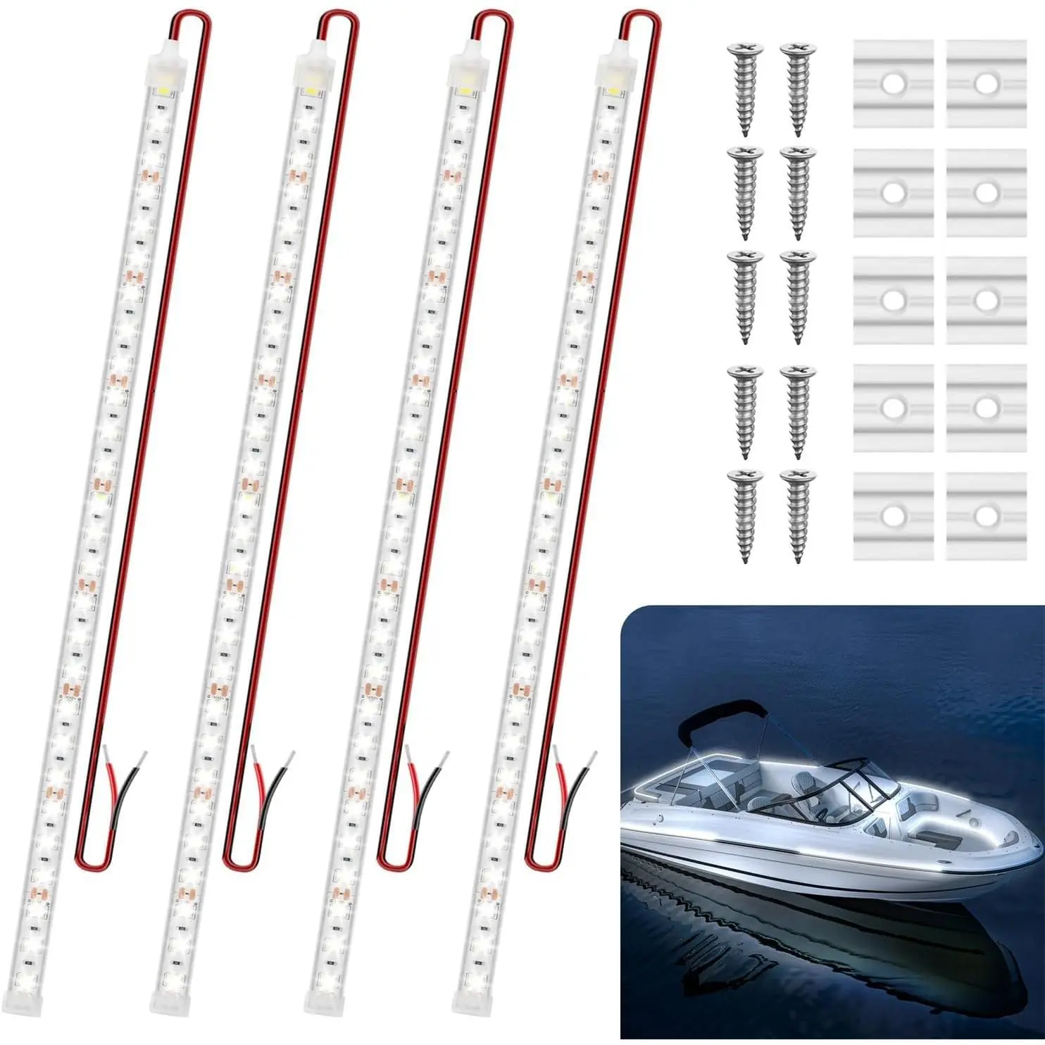 4-Pcs 20-in 12V Super Bright IP68 Waterproof Submersible LED Strip Lights, Interior Lights for Sailboat, Fishing Boat, Kayak (White)