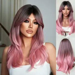 24 Inch Dark Root Ombre Pastel Pink Loose Layer Wig With Curtain Bangs, Glueless Heat Resistant Synthetic Wig for Women Daily Party Street Outfit
