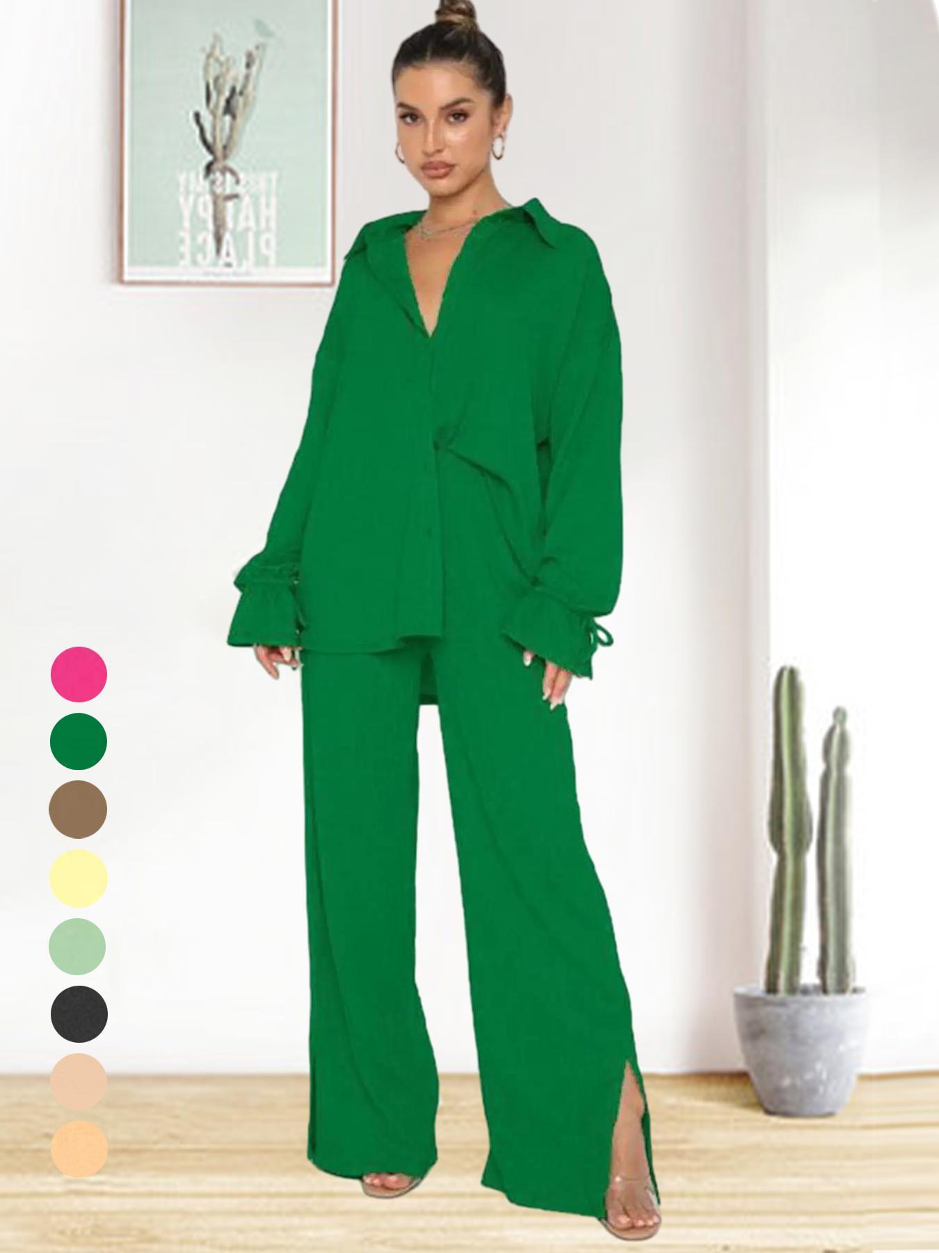 Women's Solid Color Button-Up Shirt with Split Pants Set, Casual Ruffle Sleeve Top and High Waist Wide Leg Trousers for Spring Summer Style