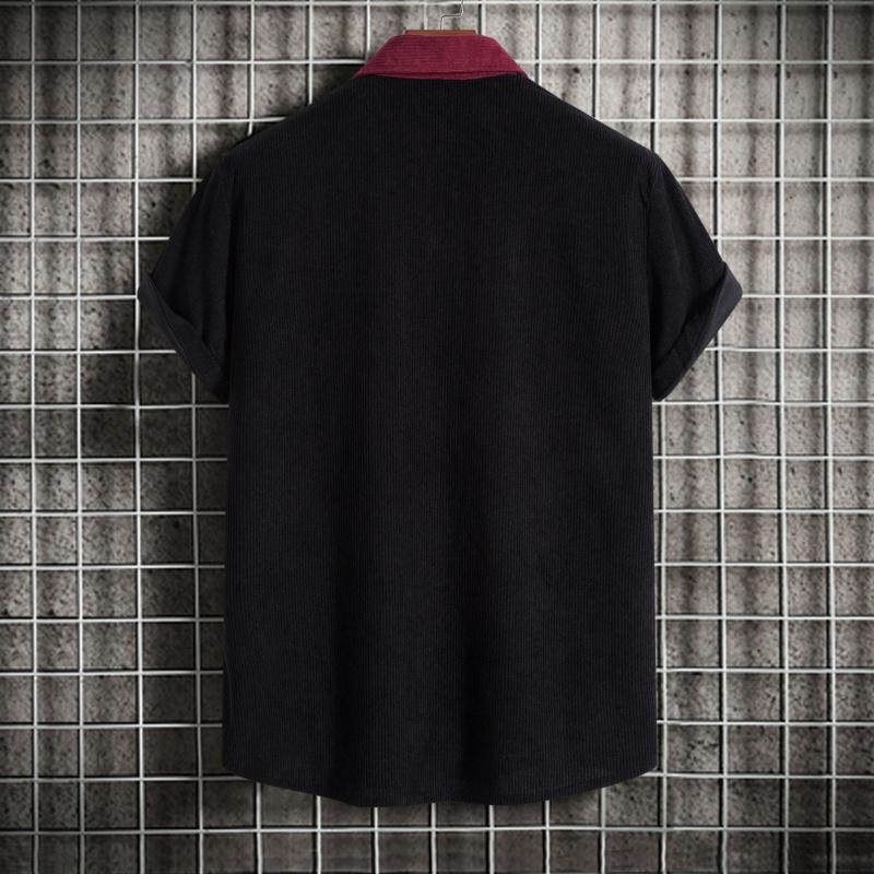 Men's corduroy color-block short-sleeve shirt, casual button-up shirt with chest pocket, vintage summer street style, soft and breathable, suitable for everyday wear
