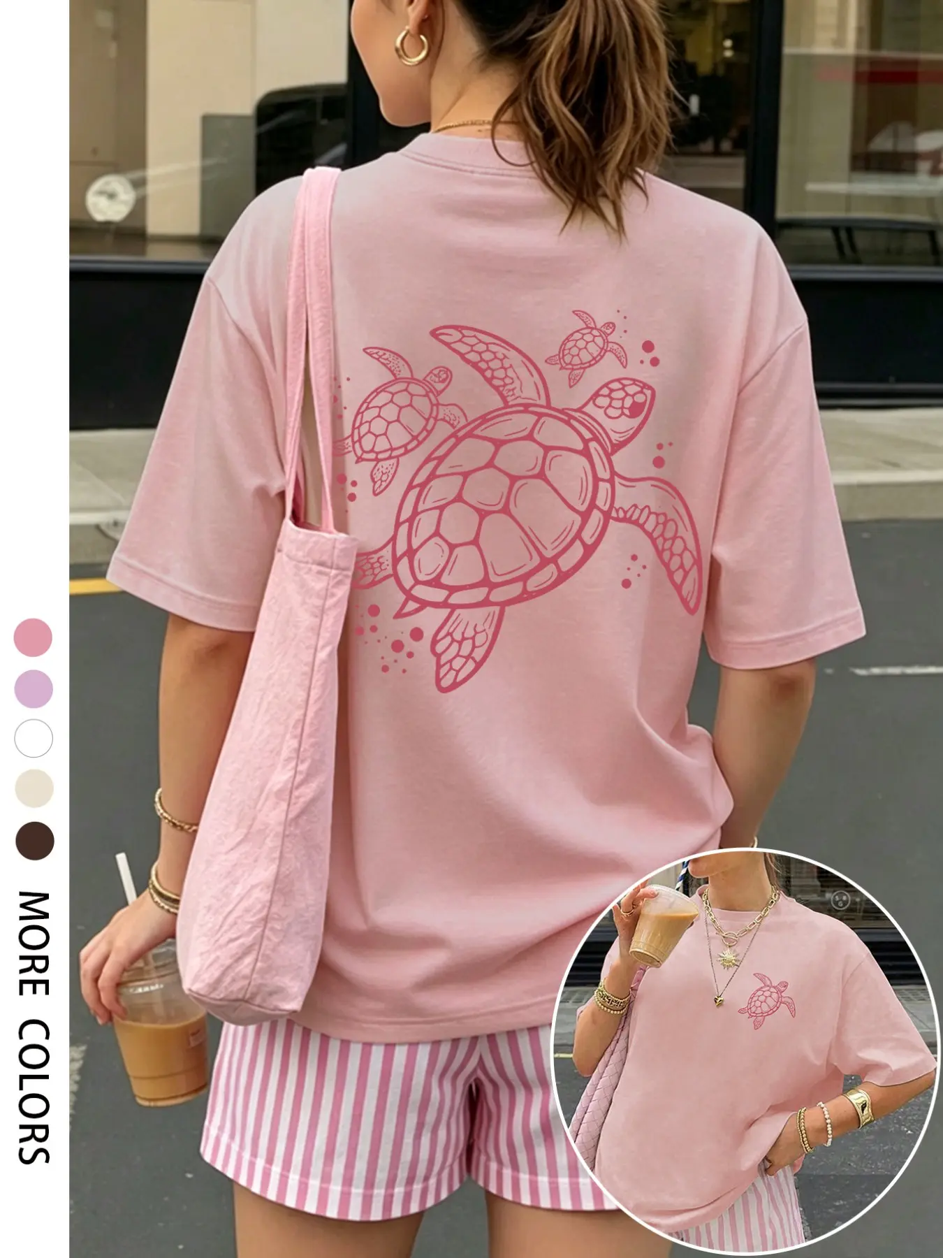 Women's Casual Loose-Fit Round Neck Short Sleeve Lightweight T-Shirt, Turtle Swimming Pattern Print, Comfortable Summer Top for Beach Vacation