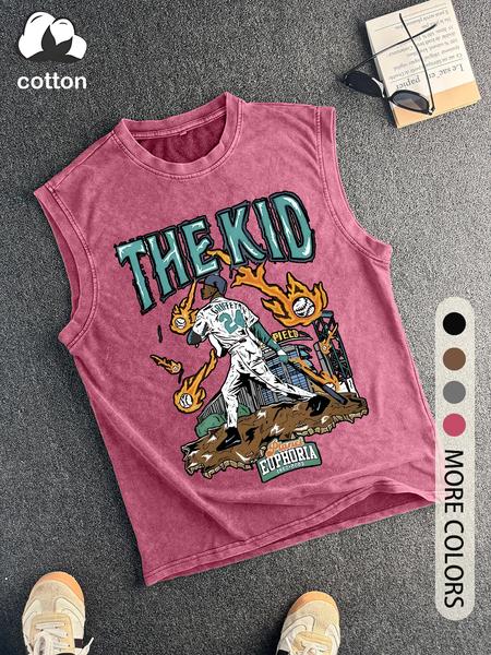 Men's Vintage Graphic Round Neck Tank Top, Regular Fit Casual Sleeveless Crew Neck Top for Summer, Men's Top for Daily Wear, Socks