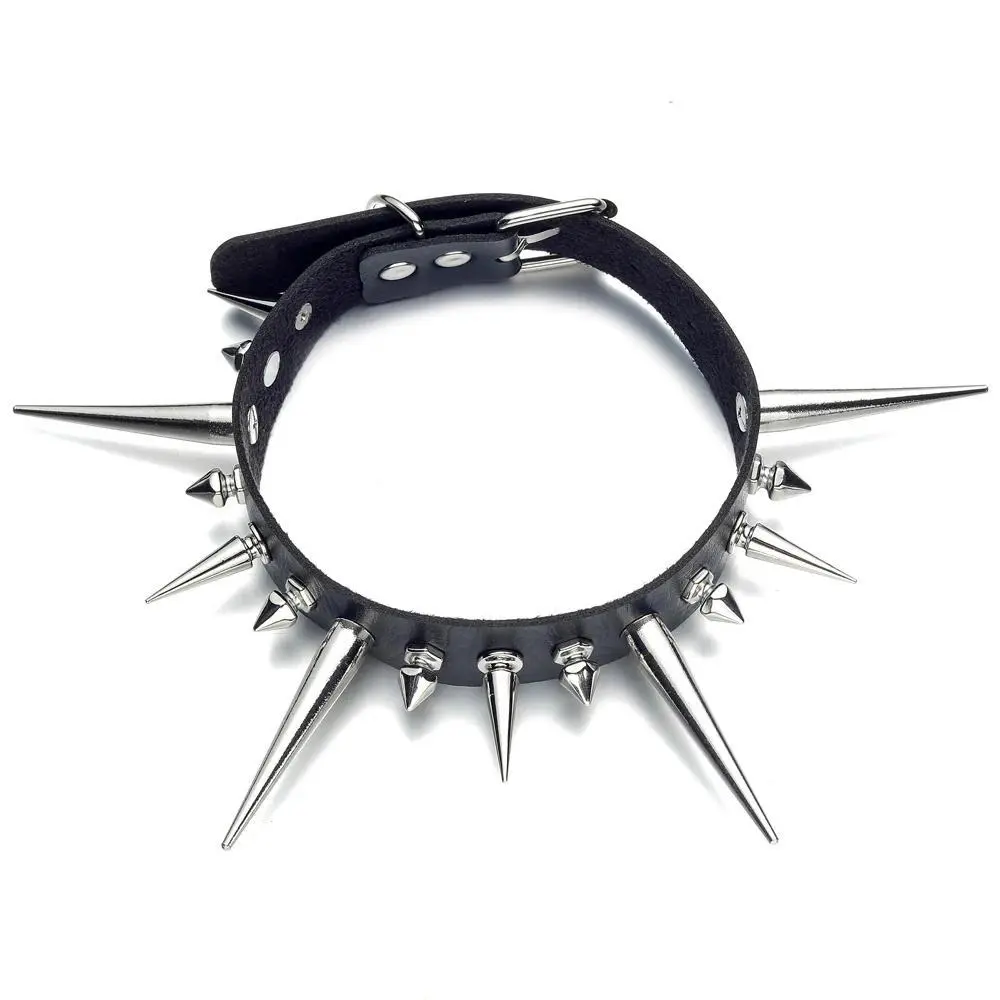 Long Spiked Choker Punk Faux Leather Collar For Women Men Giant Spike Studded Chocker Goth Necklace Halloween Accessories